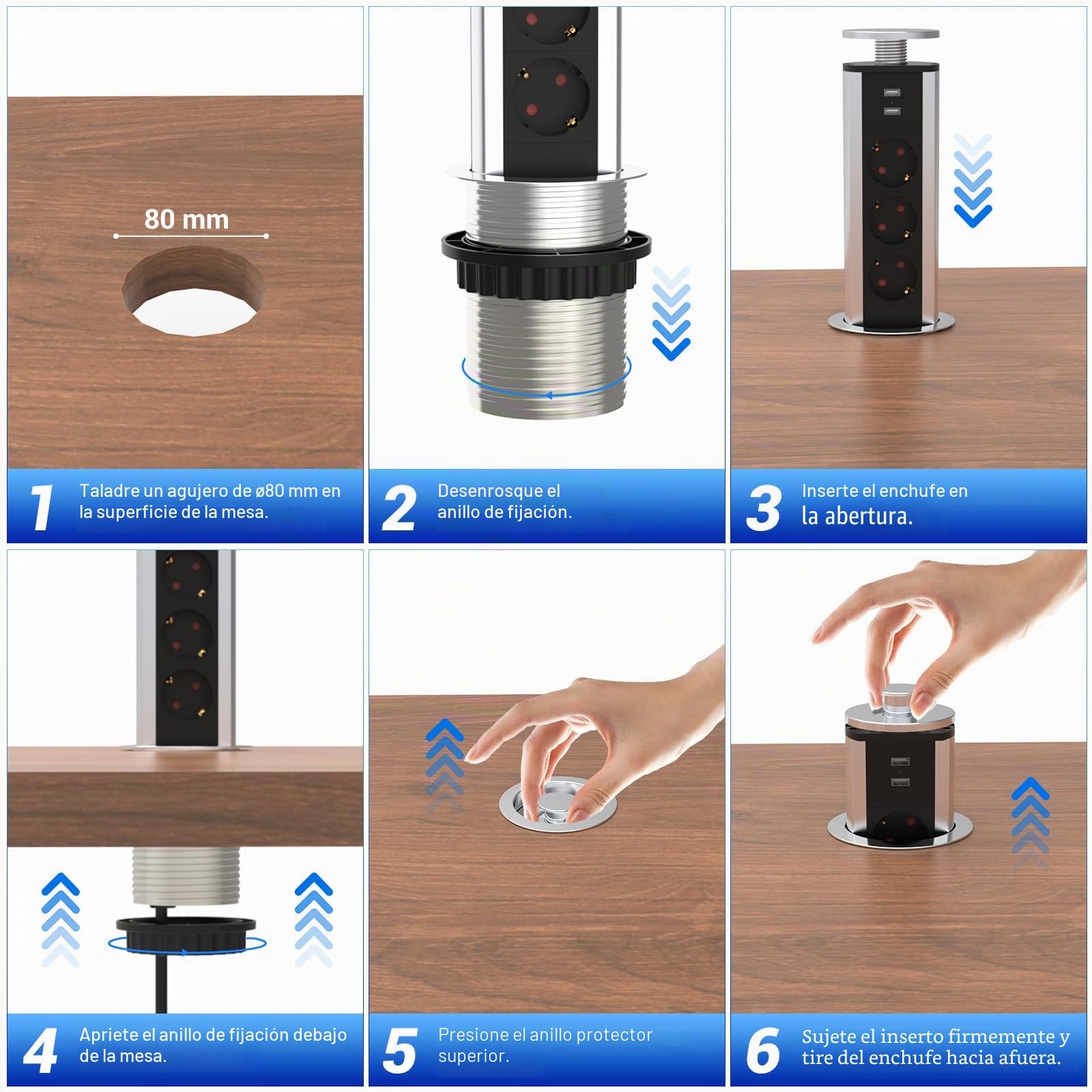 Enchufe retráctil de 3 enchufes con USB, enchufe empotrable de 80 mm de diámetro
