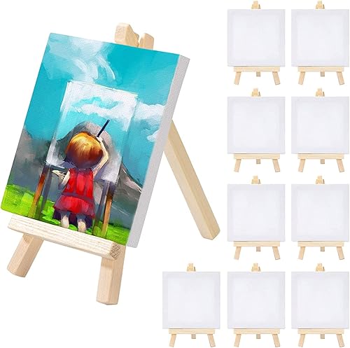 Mini lienzo con caballete de 3.9 x 3.9in con pequeño caballete de madera para pintura al óleo acrílica, manualidades, 10 piezas