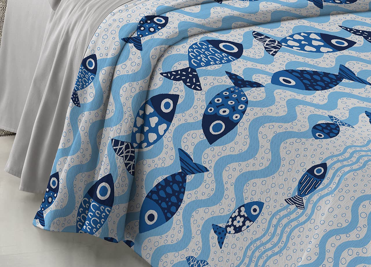 CapitanCasa Copriletto Piquet Leggero Estate 100% Cotone Made Italy Fantasia Pesciolini SV Matrimoniale Blu