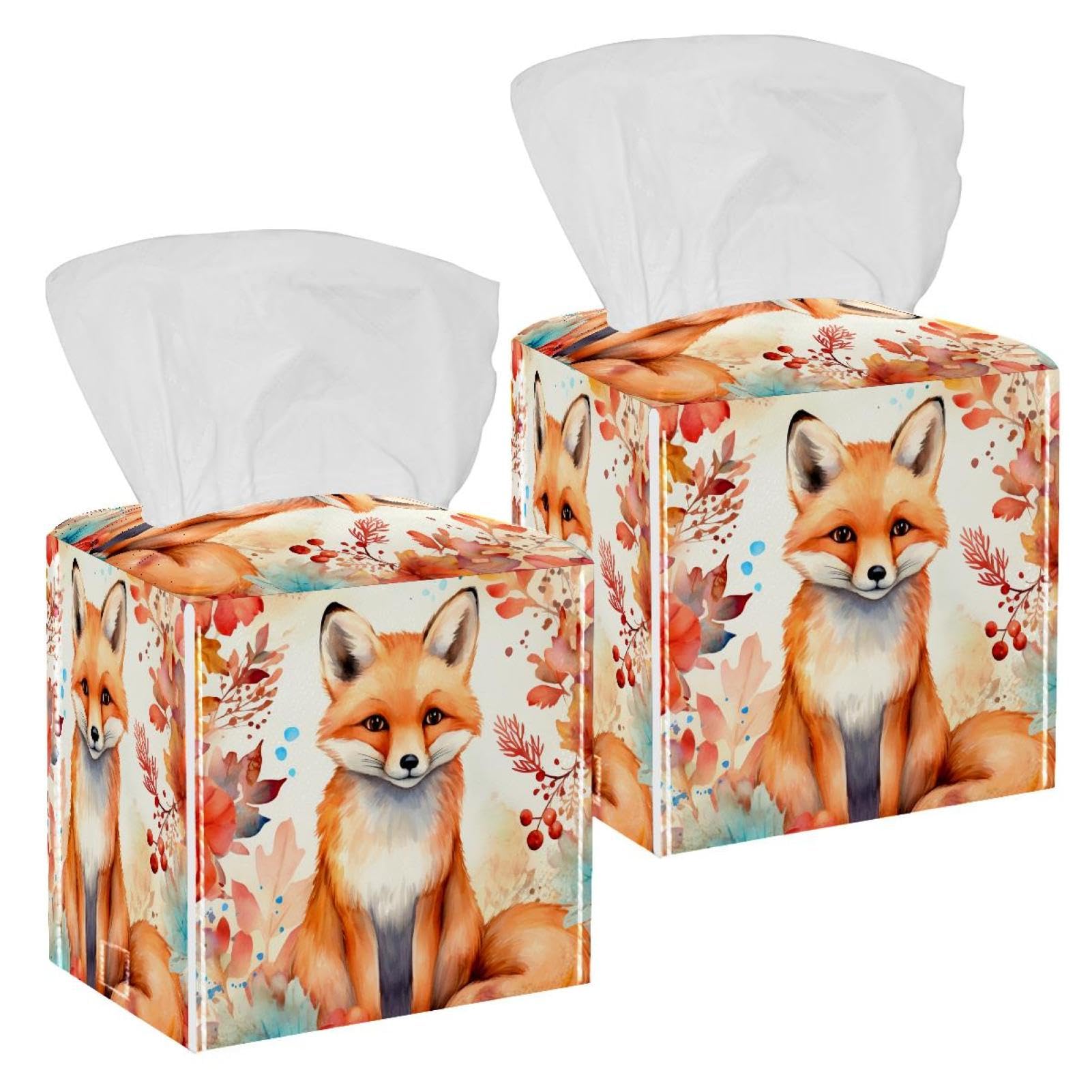 Autumn Fox Tissue Box Cover, 2 Pack PU Leather Square Facial Tissue Dispenser Box holder for Home Office Car