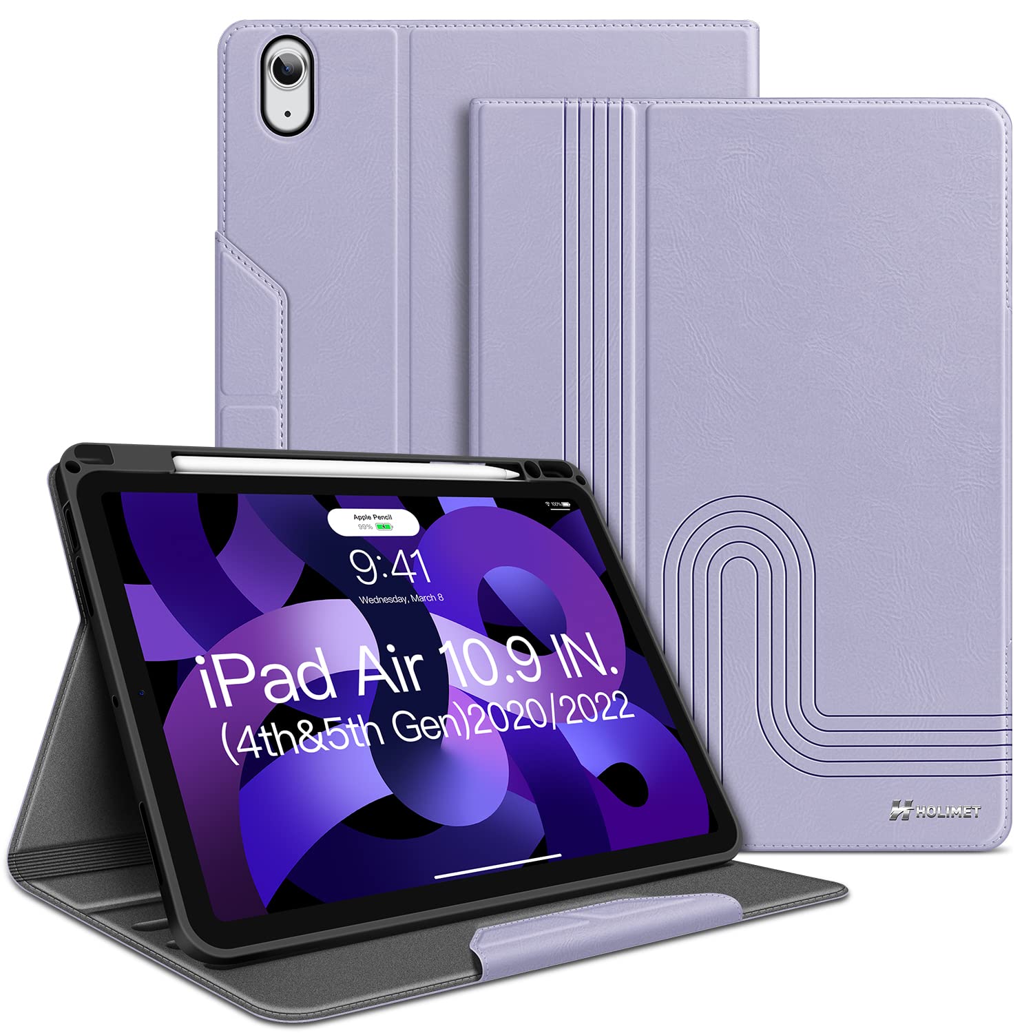 iPad Air 5th Generation Case 2022, iPad Air 4th Generation Case 2020 10.9 Inch with Pencil Holder Soft Back Shockproof Protective Cover for iPad Air Gen 4 & 5 Vegan Leather Auto Sleep/Wake (Purple)