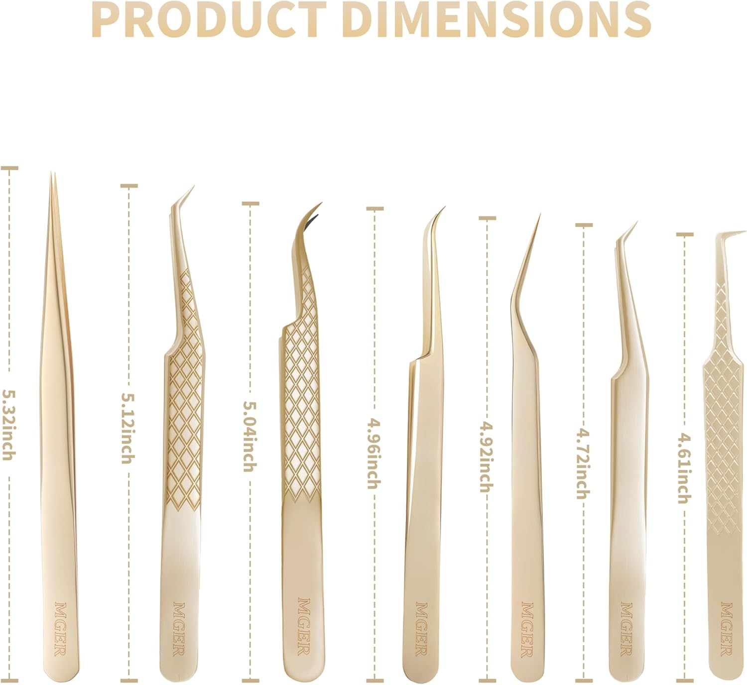 MGER Lash Tweezers for Eyelash Extensions,Diamond Grip 90 Degree Fiber Tip Volume Lash Extension Tweezers,Gold (7Pcs Tweezers Set)