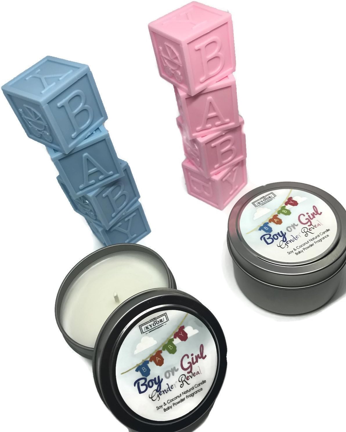 Gift: Gender Reveal Candle -Baby Powder Scented, Natural Soy & Coconut Wax, Eco-Friendly Wick, Quick Reveal, 4 ounces