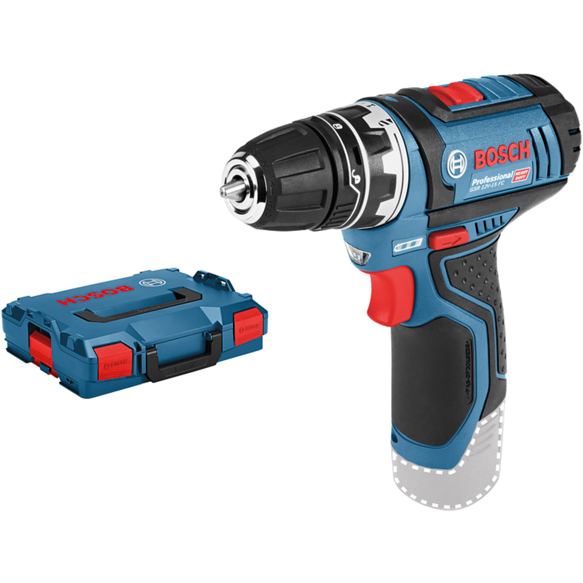 Bosch Professional system 12V: akumulatorowa wiertarko-wkrętarka GSR 12V-15 FC (2 akumulatory GBA 12V 2.0Ah, szybka ładowarka GAL 12V-40, wymienny uchwyt wiertarski GFA 12-B, walizka L-BOXX)