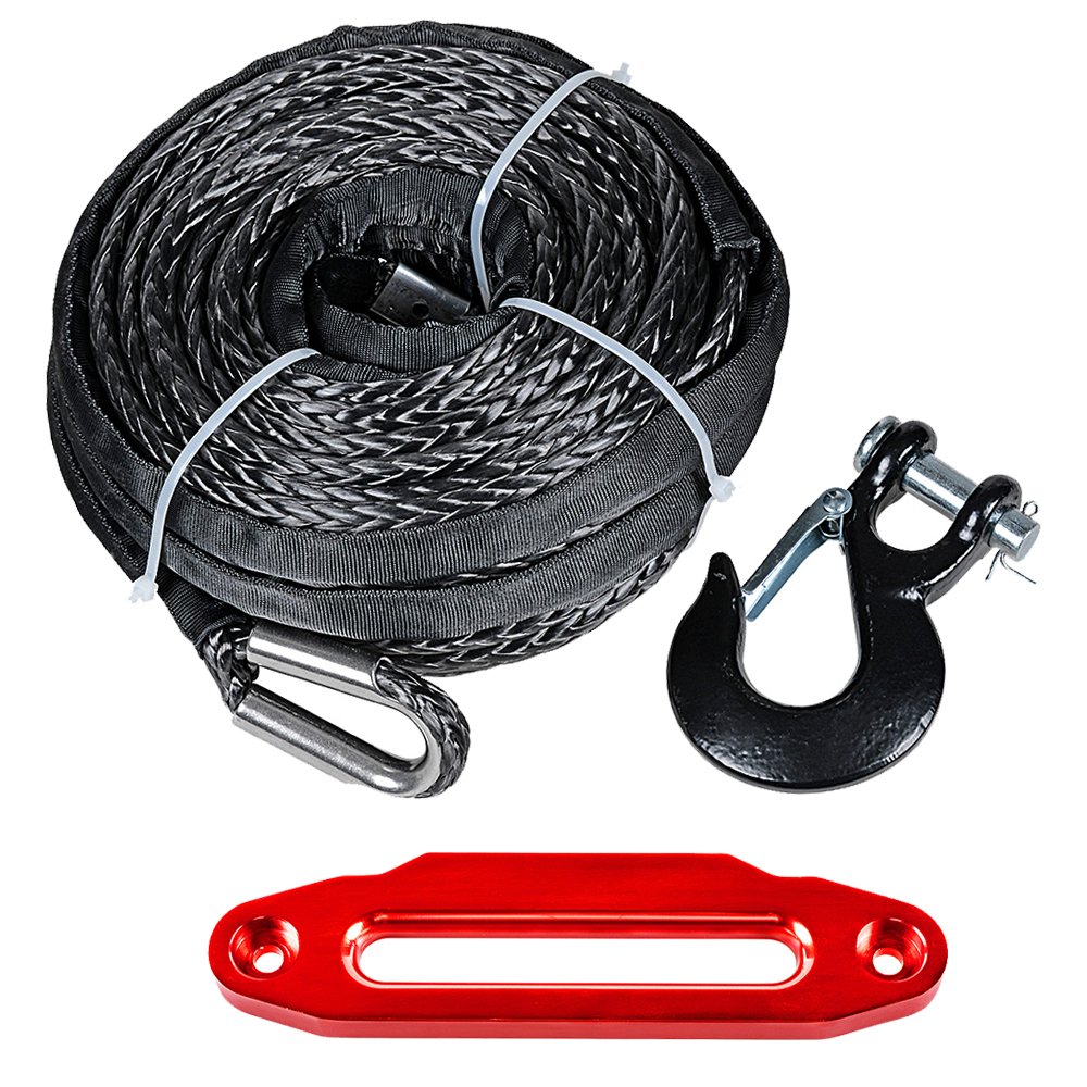 amopacorp 95 feet 3/8 inch Grey Synthetic Winch Rope 20500Lbs with Black Hook and 10 inch Red Billet Aluminum Hawse Fairlead