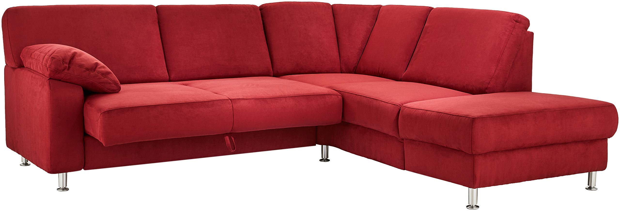Cavadore Ecksofa Belfast mit Ottomane rechts / Polsterecke mit Federkern / inkl. Vorziehsitz und Bettkasten / 243 x 88 x 218 / Mikrofaser Dunkelrot