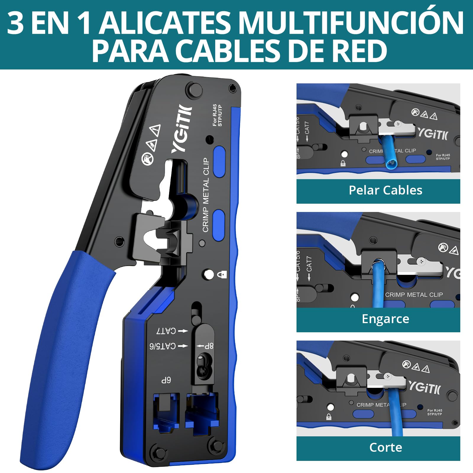 Herramienta de Crimpado RJ45 con Probador Red, Kit de Herramienta de Red Alicates de Crimpar para 8P RJ45 CAT5, CAT5e, CAT6, CAT6a, CAT7, CAT7a con 50PCS Conectores Pasantes y Tapas Protectoras