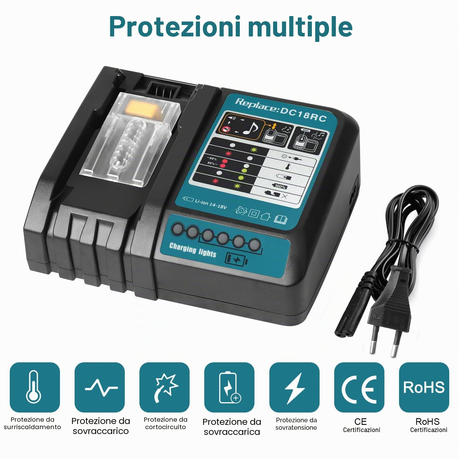 QUPERR DC18RC Caricatore rapido compatibile con batteria agli ioni di litio Makita 14,4 V/18 V BL1815N BL1820 BL1830 BL1840B BL1850 BL1860 BL1450, ricambio per DC18RD DC18RA DC18SD DC18SE