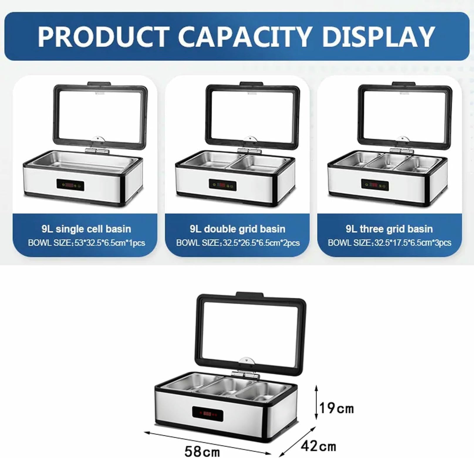 Bandeja Isotérmica Comercial para Alimentos, Placa Calentadora Eléctrica De Acero Inoxidable De 9 litros con Vidrio Templado Y Ventana De Visualización, Calentador Hidráulico .Single Grid