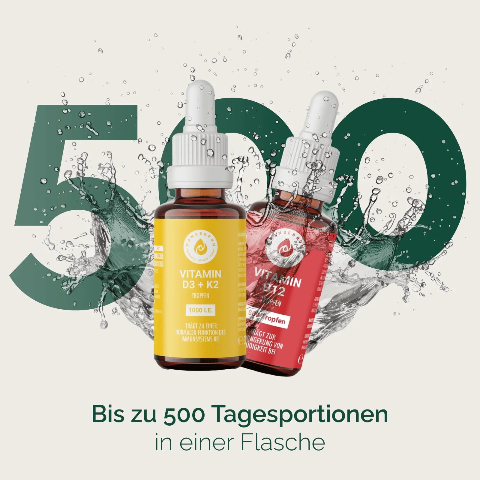 Hansegrün - Kennlernset Vitamintropfen D3 + K2 (30ml) & B12 (30ml) - Normales Immunsystem¹ - Verringerung Müdigkeit² - Normale Knochen³ & Zähne⁶ - Energiestoffwechsel⁵ - Vegan & ohne Zusatzstoffe