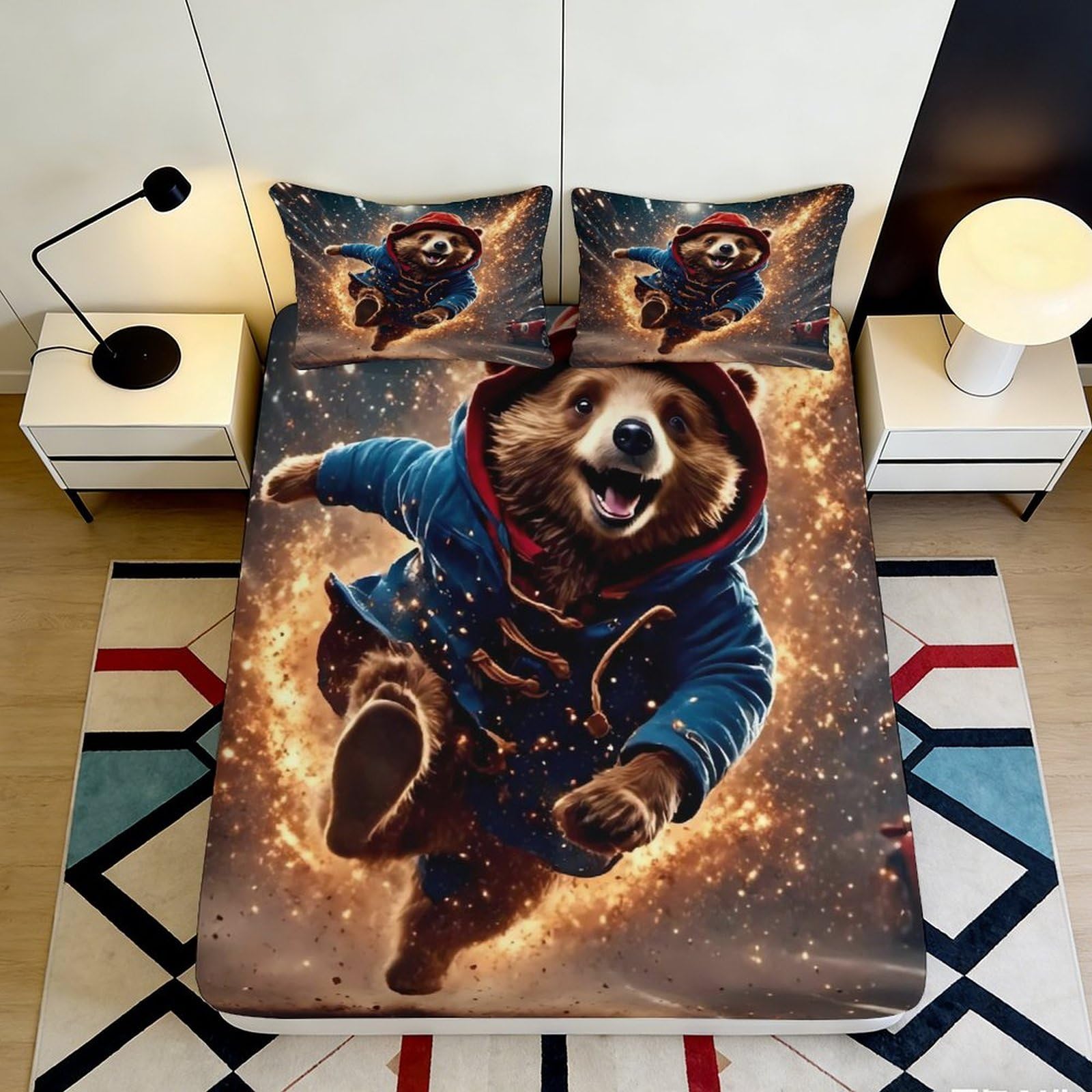 Uxinyoume Style-6 3D Printed Running Bear Fitted Sheet Microfiber Soft Breathable Cartoon Bed Cover For Bedroom Guest Room Decor 90X200x25cm