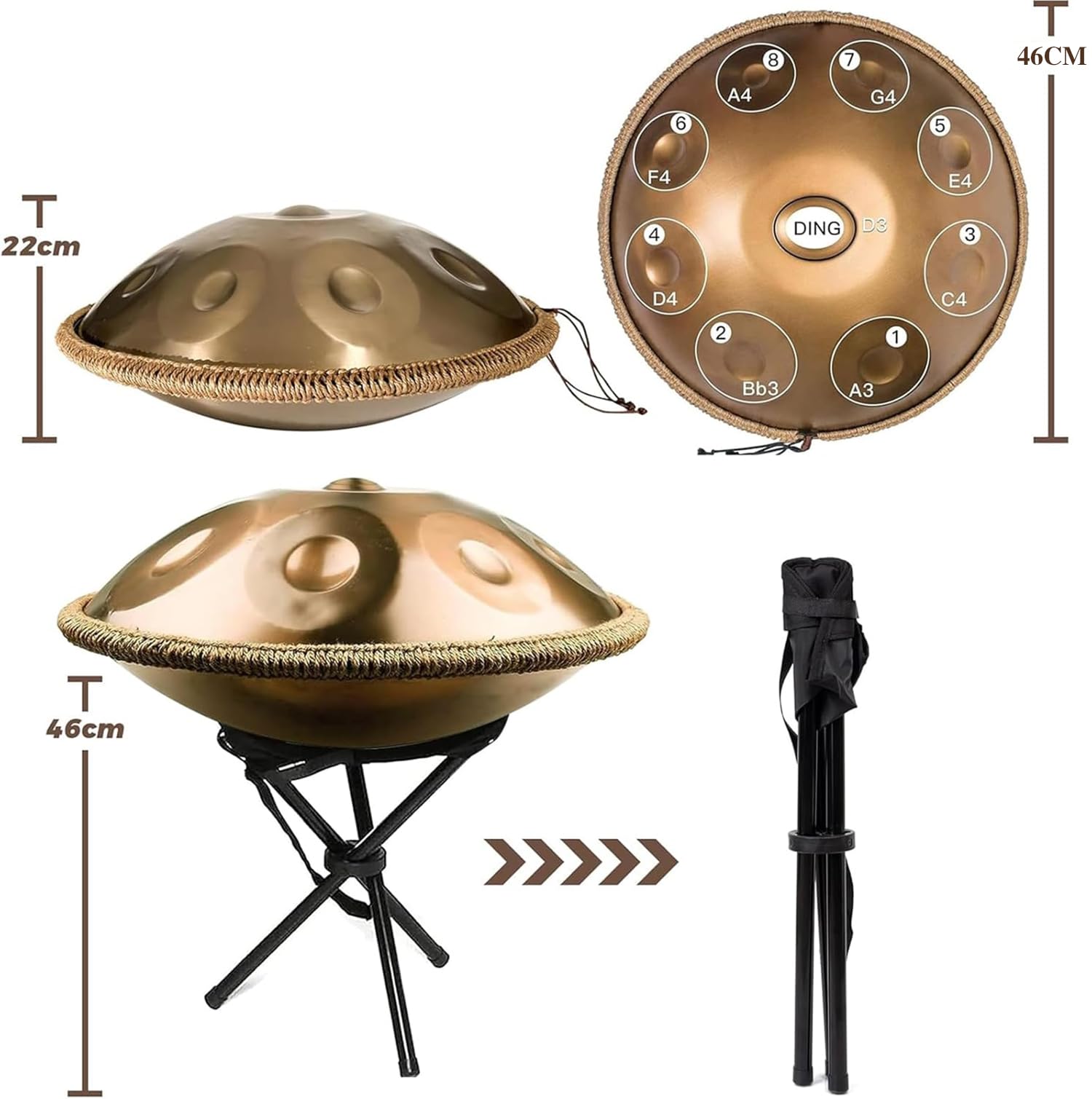 Tamburo manuale a 9 note, in re minore da 440 Hz, in acciaio, con borsa per il trasporto, supporto e mazzuole, per la guarigione del suono, la meditazione, lo yoga