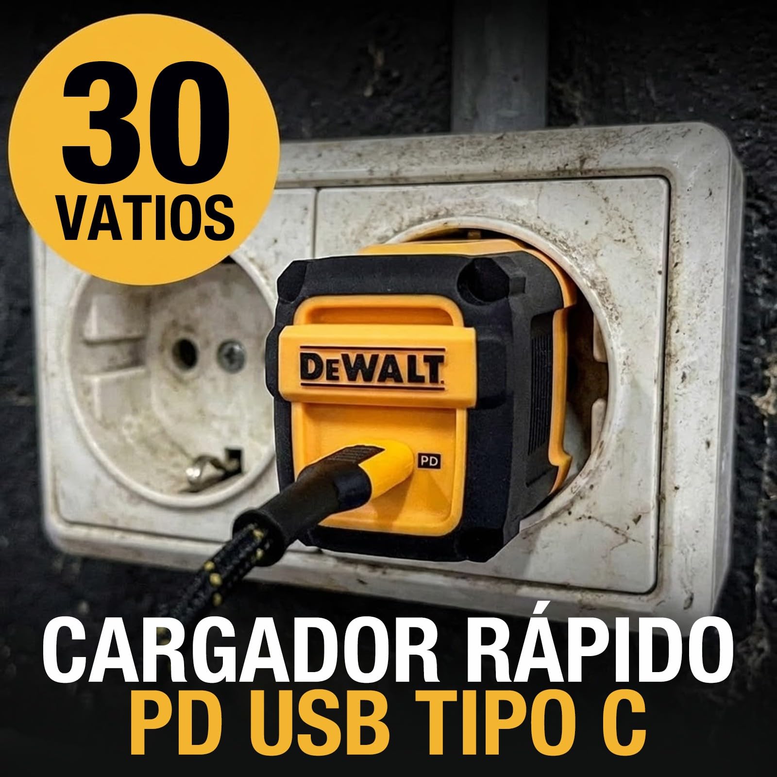 DEWALT Cargador USB-C 30W PD de Pared, Cargador Rápido Tipo C, Enchufe EU, Carga Rápida Power Delivery, Compatible con iPhone 17/16/15/14/13/12 Pro MAX, iPad Pro