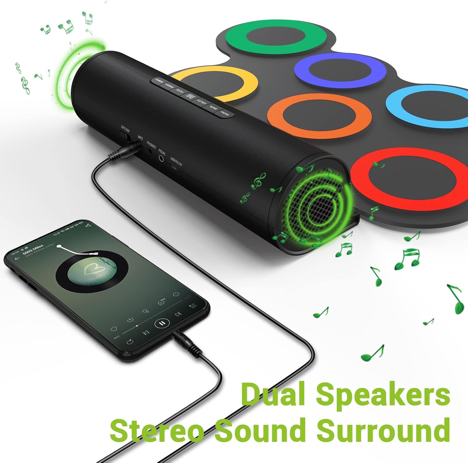 IWORD Set di batteria elettronica, pad per esercitarsi con batteria arrotolabile, con jack per cuffie, altoparlante integrato, pedali, bacchette, 10 ore di autonomia, ottimo regalo di compleanno per