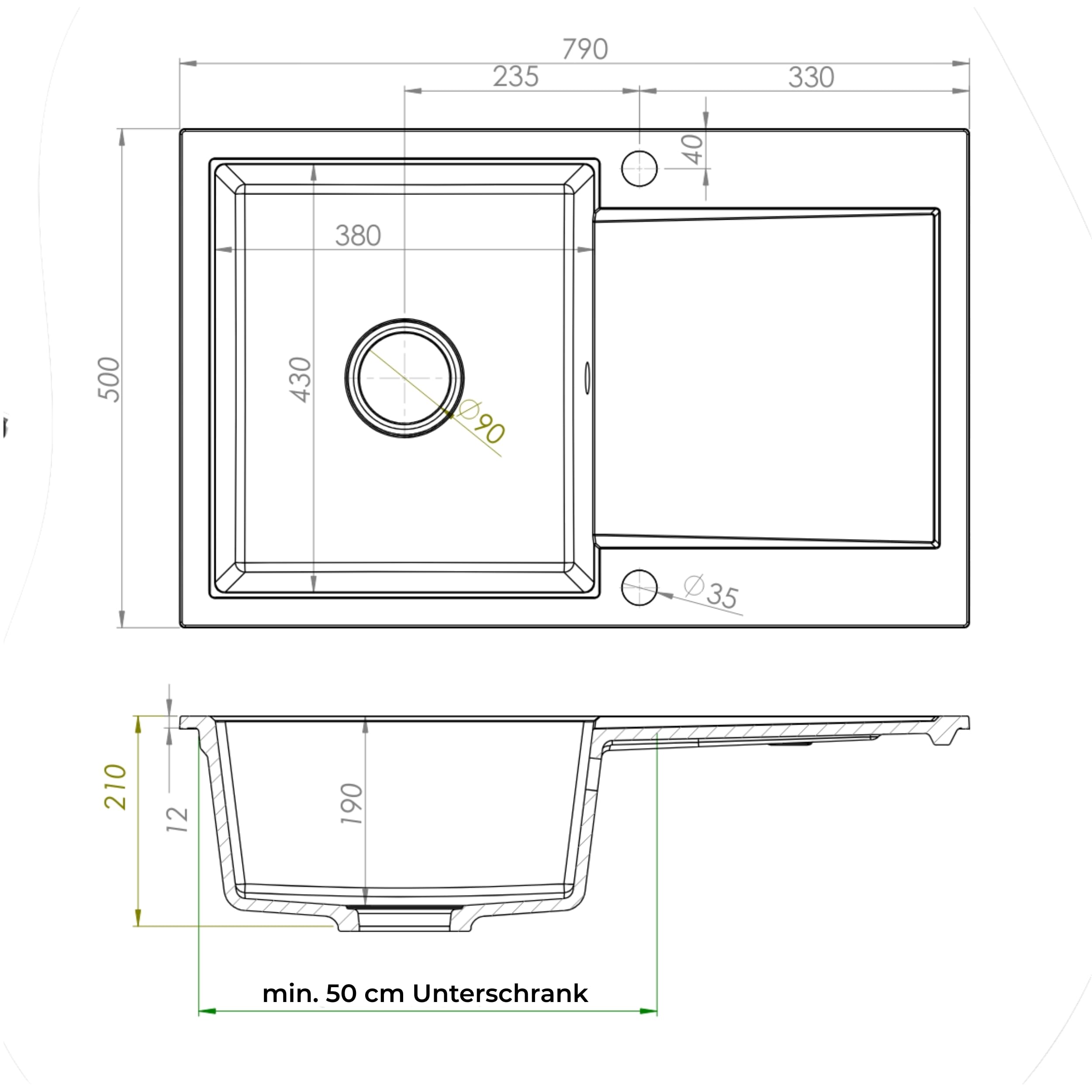SINK Quality zlewozmywak kuchenny z ociekaczem – zlewozmywak beżowy 79 x 50 cm – w zestawie syfon i środki impregnujące – zlewozmywak do zabudowy z granitu do szafki pod umywalkę 50