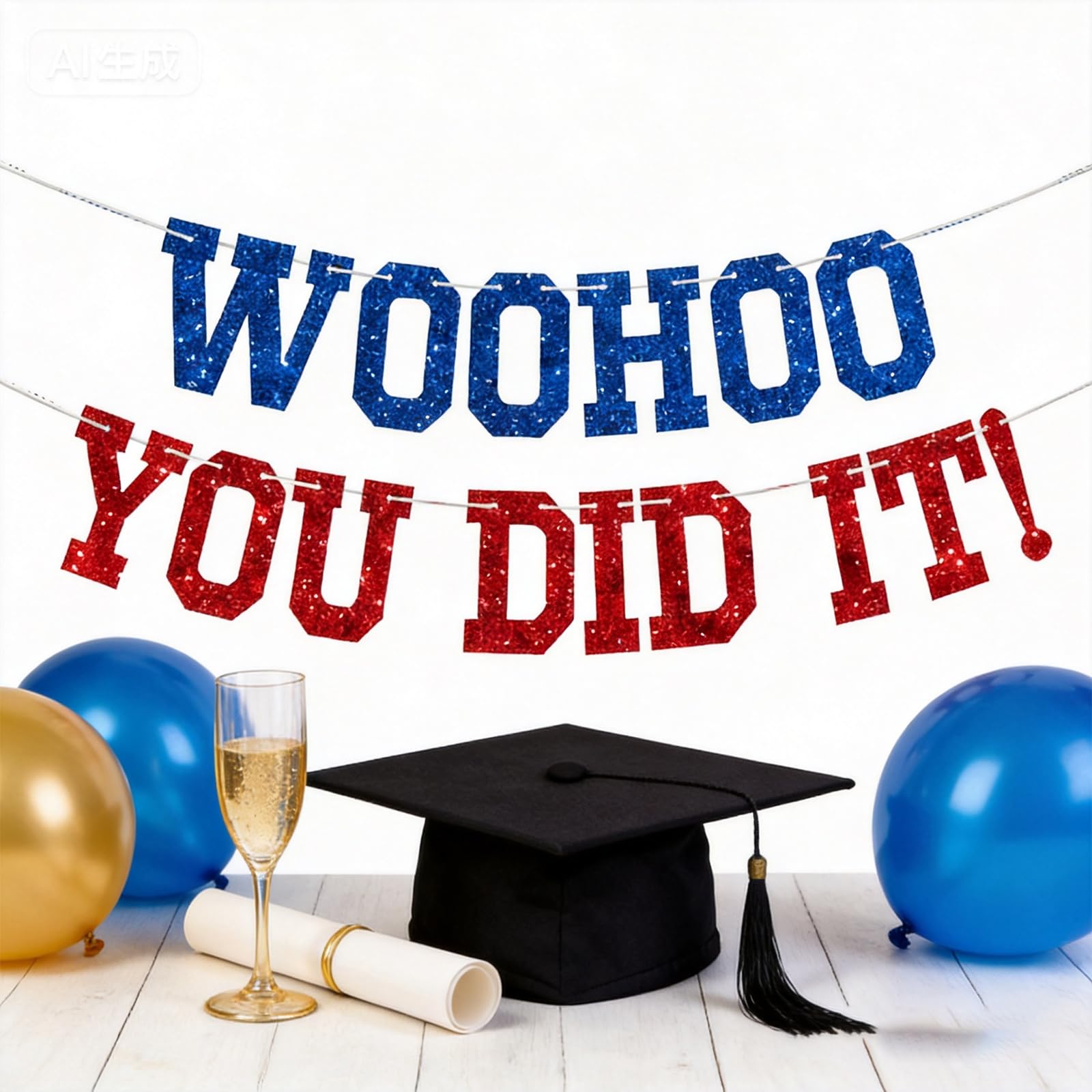 WOOHOO YOU DID IT Graduation Party Banner, Blue and Red Glitter Banner, Graduation Decorations, Congratulations Banners for Graduation, Retirement, Exam Results Day Party Decorations