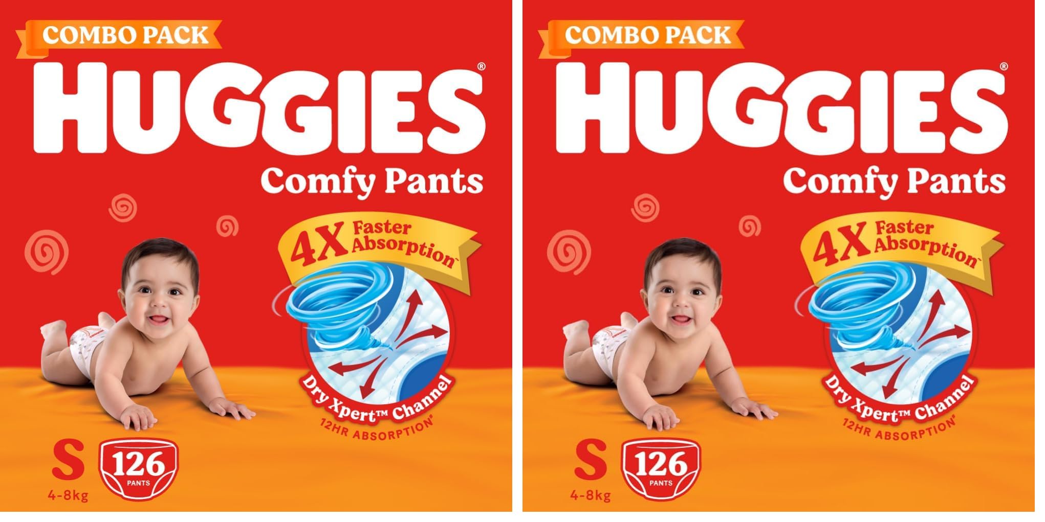 Huggies Comfy Pants Baby Diaper, Small (S) Size (3-84Kgs), Pack of 252 (126 count, Pack of 2)