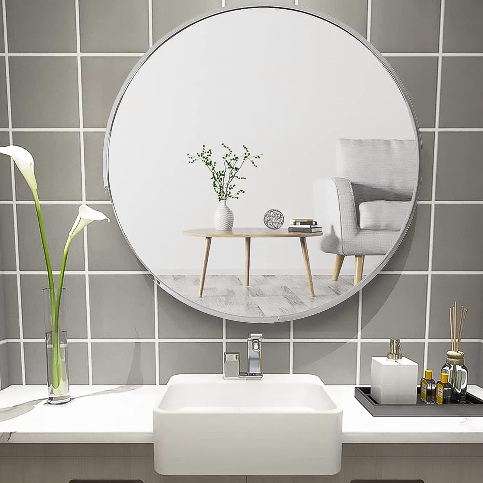 Warmiehomy Round Bathroom Mirror Wall Mounted Makeup Mirror with Aluminium Frame for Bathroom Living Room Bedroom (Φ50cm, Silver)