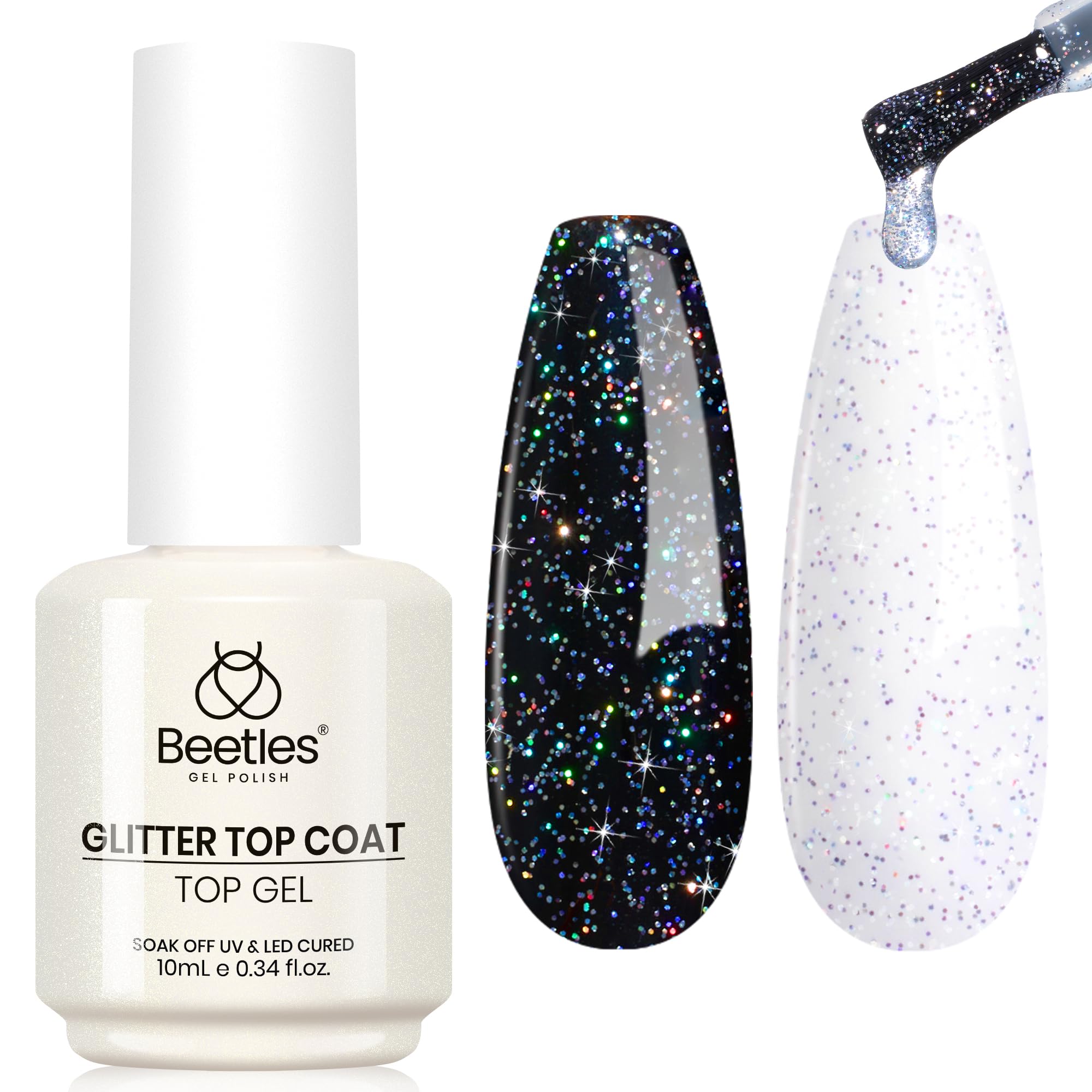 Beetles Glitter Gel Top Coat Iridescent Silver Mix Glitter Gel Nail Polish Glossy Shiny Soak Off Rainbow Shimmer No Wipe Top Coat (10ML)