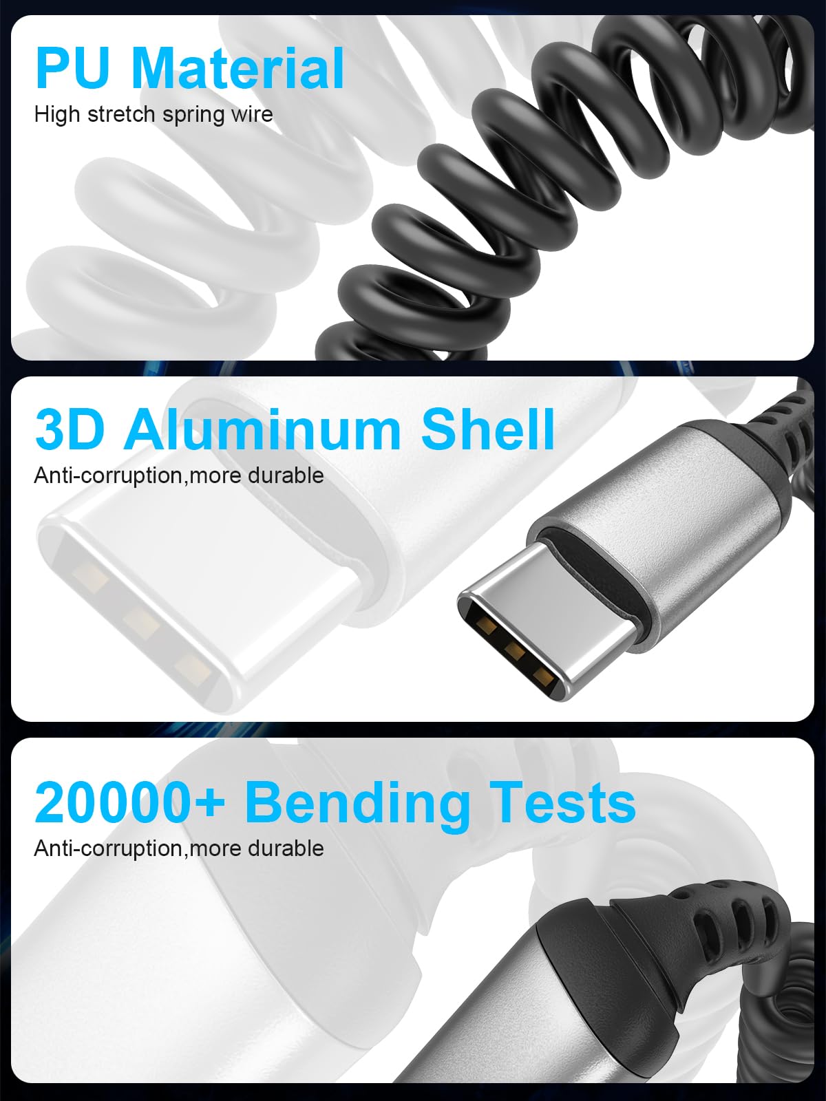 Cable en espiral USB C a USB C de 3 pies, paquete de 2 cables USB C retráctiles para coche, cable de carga rápida tipo C compatible con iPhone 17/16/15, Samsung Galaxy S25 S24 S23, Pixel 10 9