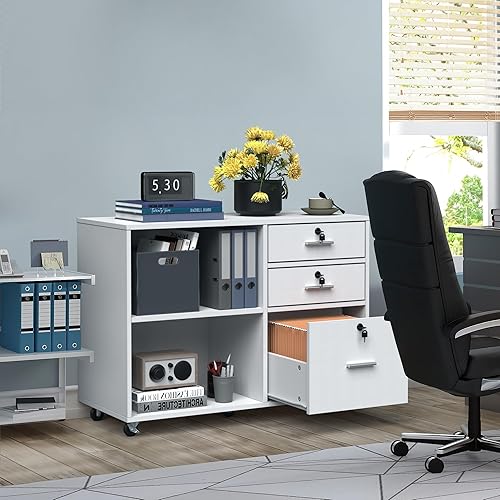 Miniatura 2 de YITAHOME Archivador lateral de madera de 3 cajones, archivador móvil para tamaño cartaA4, soporte de impresora con 2 estantes abiertos para