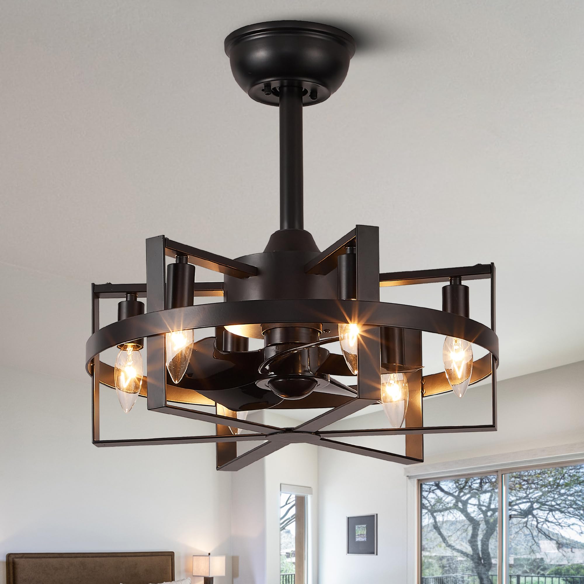 18 inch 6-lights black caged ceiling fan with light, retro industrial enclosed modern ceiling fans with remote control, 6-speed farmhouse ceiling fan with remote for bedroom living room