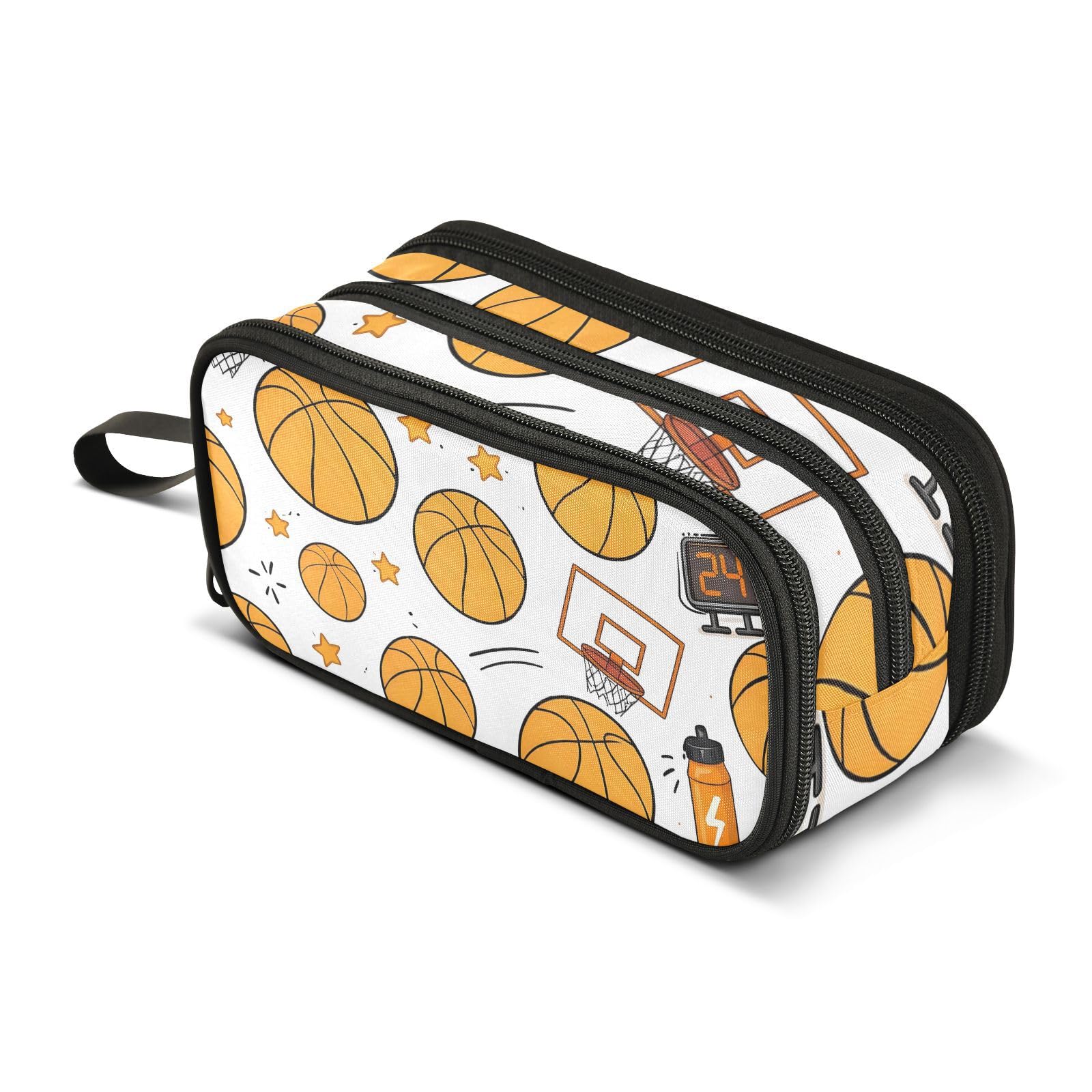 Basketball Gear Print Large Capacity Pencil Case Box Boys Girls Big Stationery Pen Bag Organizer Pencil Pouch Zipper Compartments for School Office