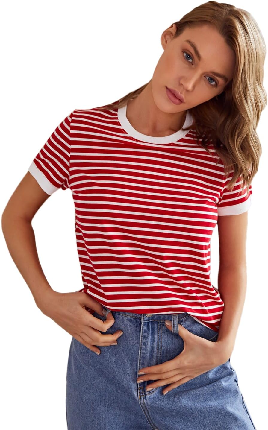 TOPLOTStripe Printed Short Sleeve Regular Fit Top for Women