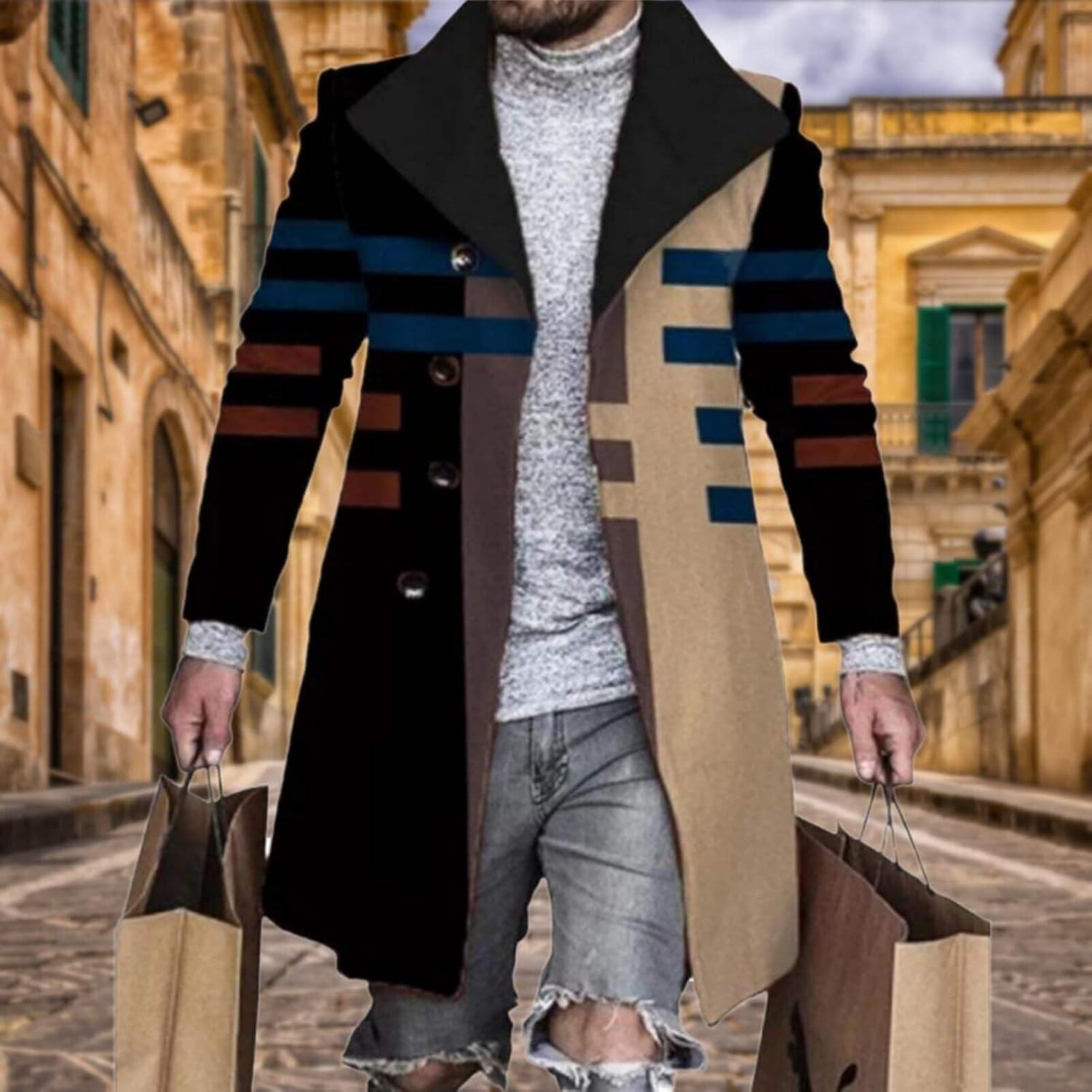 Men's Plaid Long Trench Coat Mid - Length Lapel Collar Button Down Warm Overcoat for Winter & Autumn Fashion - Image 4