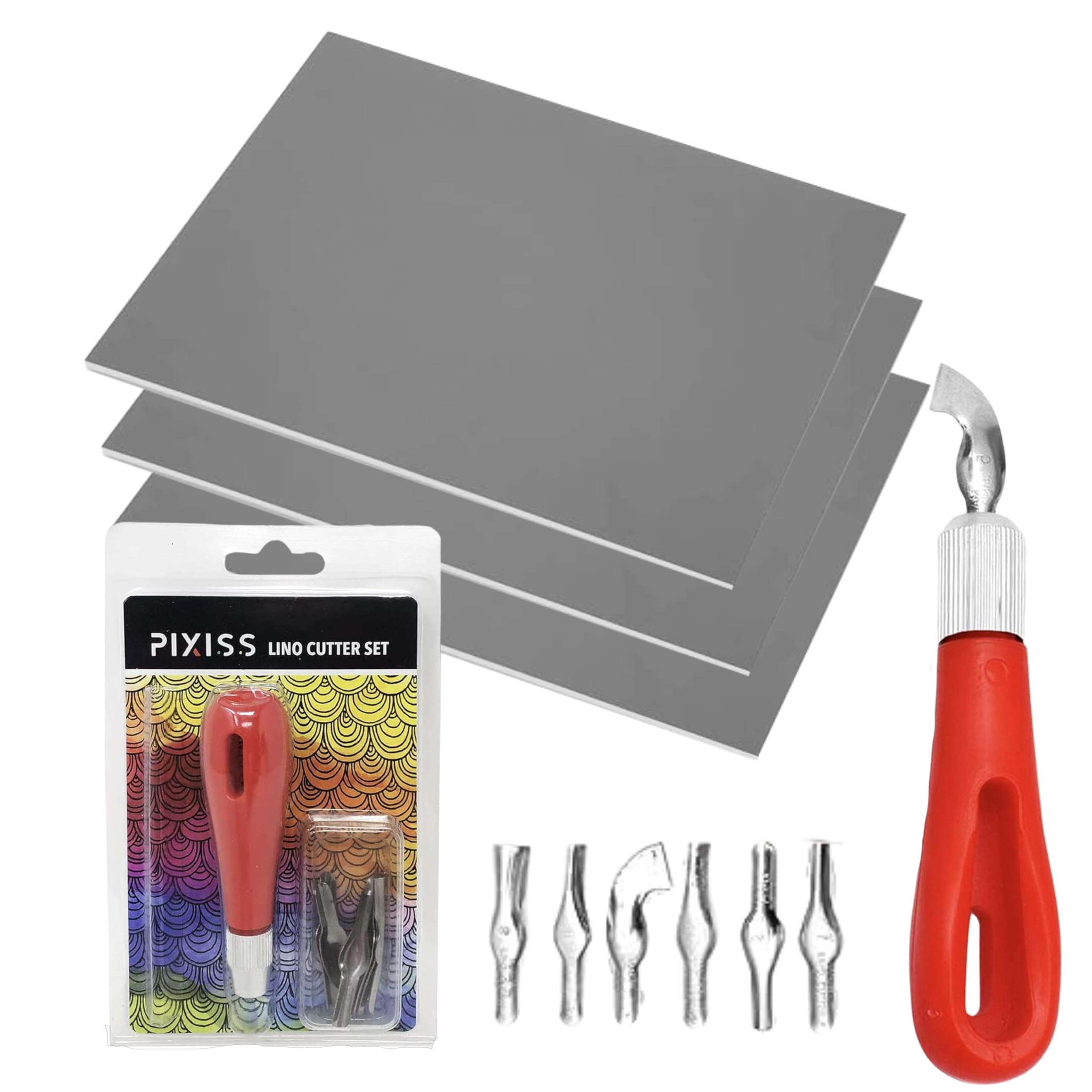 PixissLinoleum Blocks for Printmaking (3pack) and Stamp Carving Tool - Printmaking Supplies for Rubber Stamp Carving Block Printing - Linoleum Carving Tools and Lino Rubber Block Stamp Carving Kit