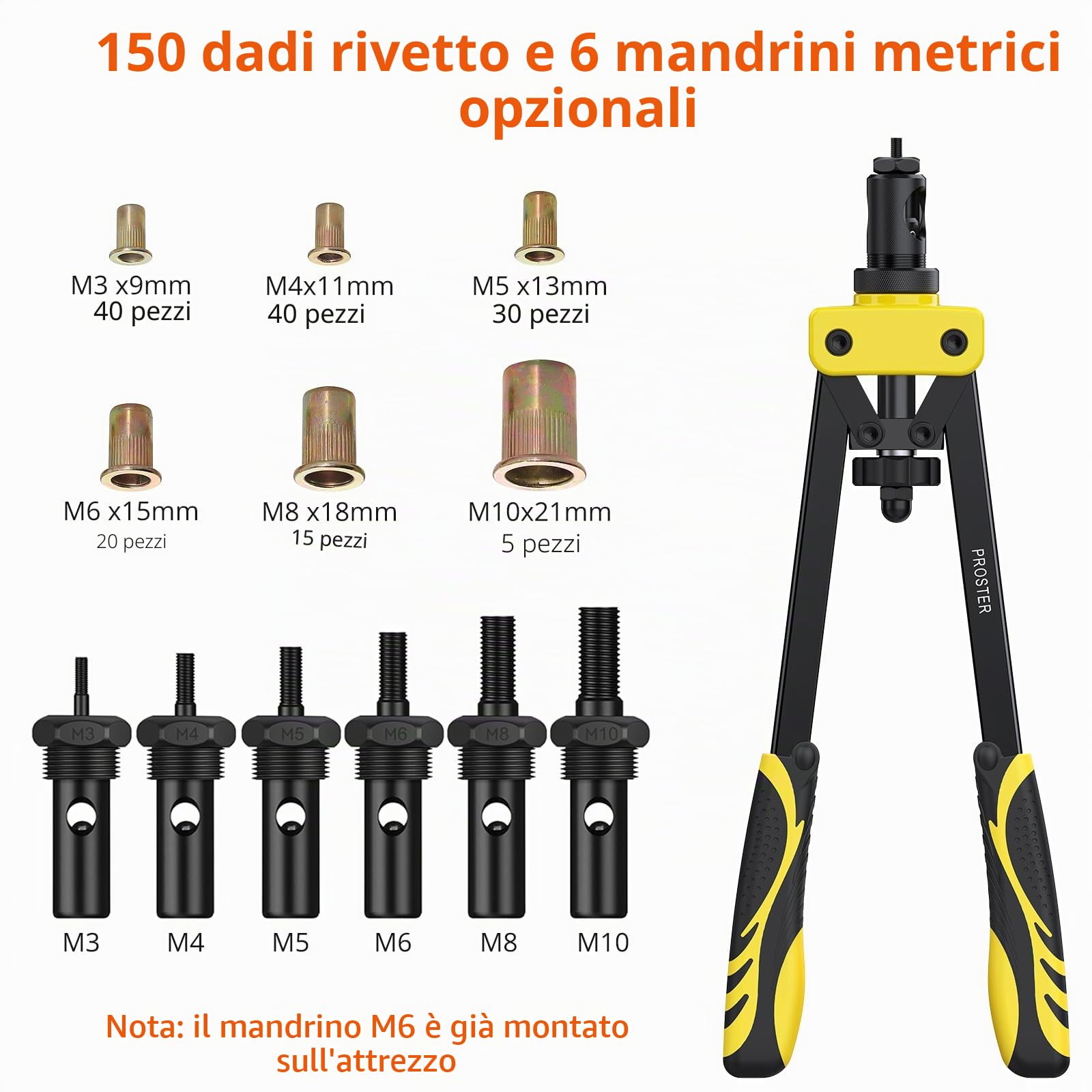 Proster 14" Rivettatrice Professionale a Doppia Impugnatura Kit Pistola a Rivetti con 6pz Mandrini Metrici Intercambiabili e 150pz Rivetti Dadi Filettati M3 M4 M5 M6 M8 M10-Giallo