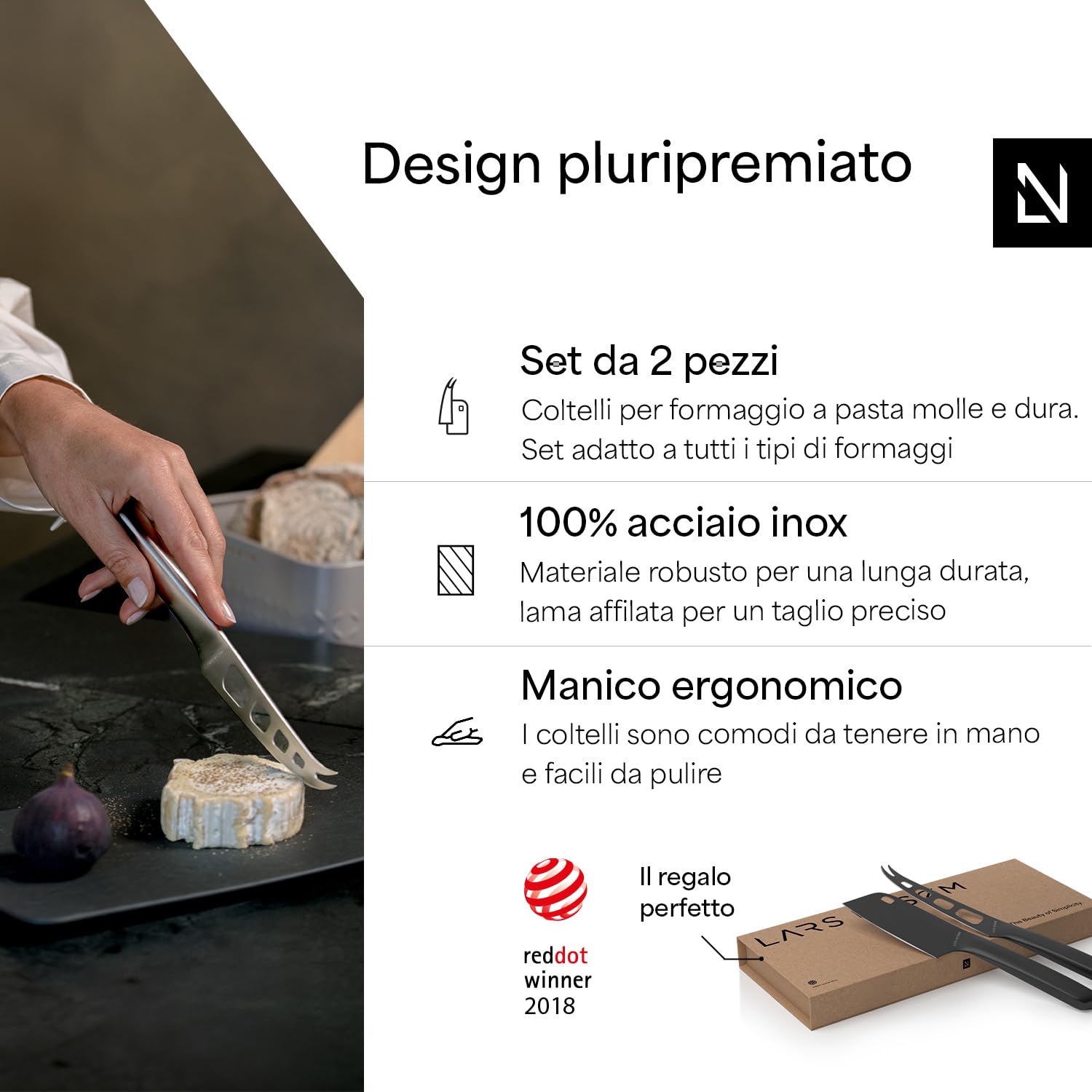 LARS NYSØM Set di coltelli per formaggio 2 pezzi I Coltelli in acciaio inossidabile I Set di utensili per formaggio in acciaio inossidabile di alta qualità (Carbon Black)