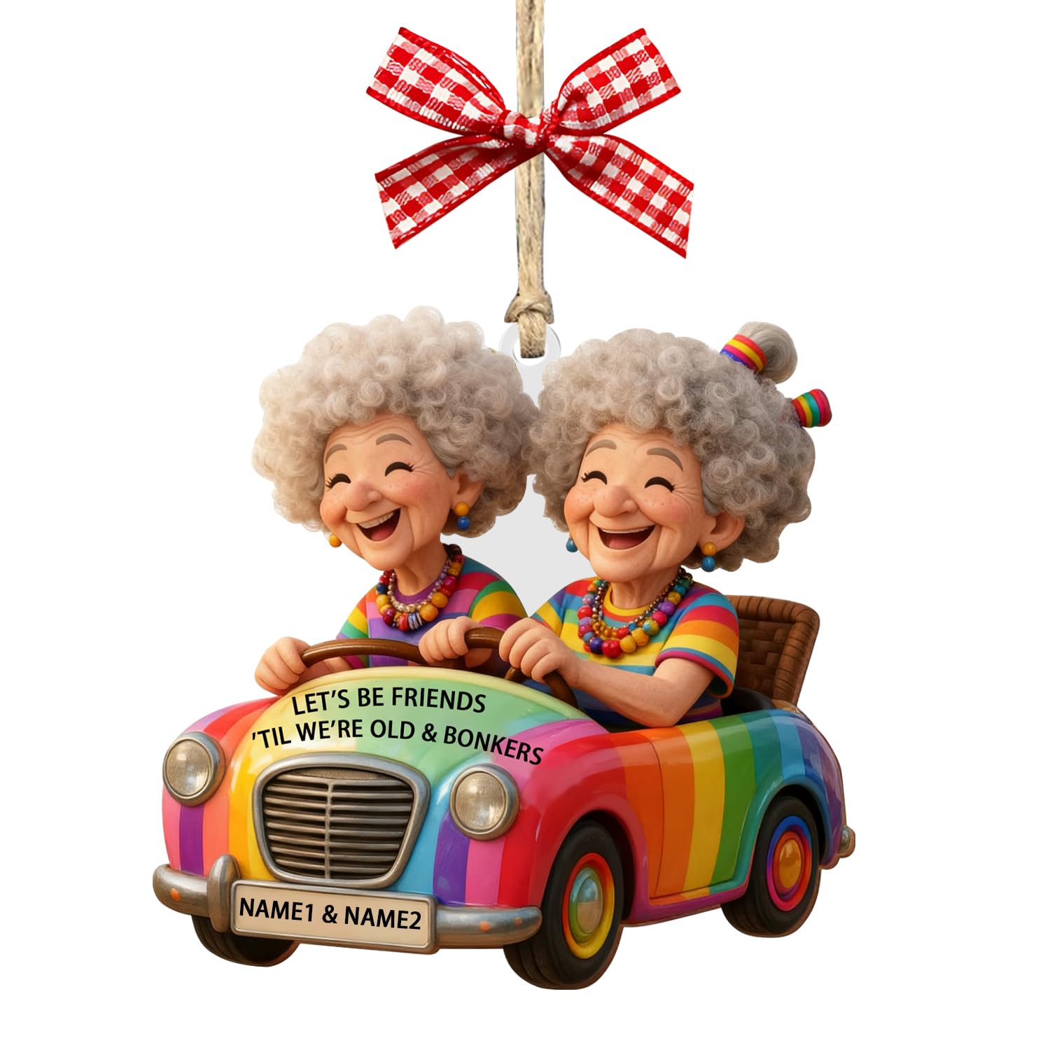 Kkiioexx Style 2 Let's Be Friends 'Til We're Old & Bonkers Ornament,Personalized Old Lady Best Friends Riding Car Ornaments,Custom Acrylic Ornament With Name,Home Decor Xmas Trees Hanging Ornaments,Friendship Gifts