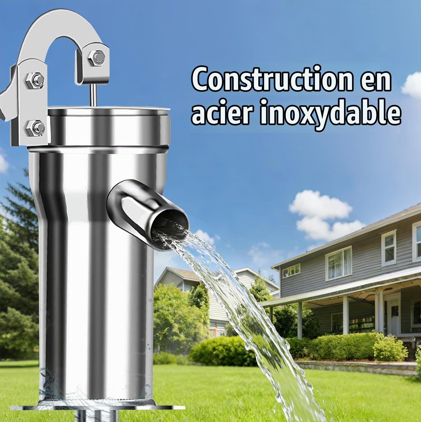 Pompe à eau manuelle pour puits avec tuyau 10m et support 58cm Pompe | jardin en acier inoxydable Kit complet pour eau de puits eau de pluie jardin ferme extérieur