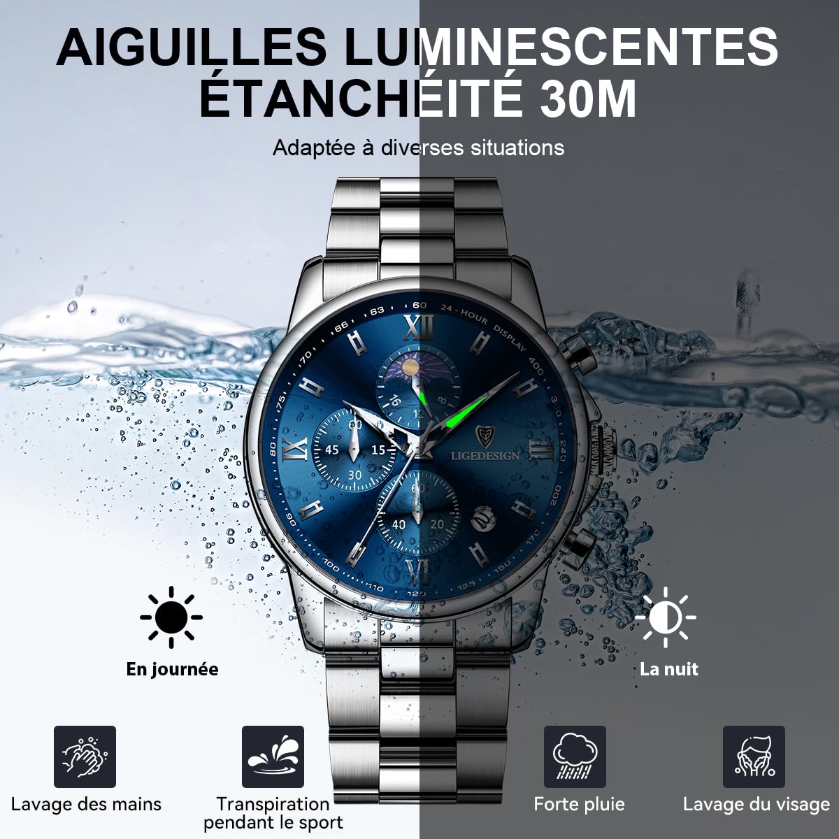 LIGE Montre Homme - Montre Quartz Élégante avec Cadran Bleu Chronographe