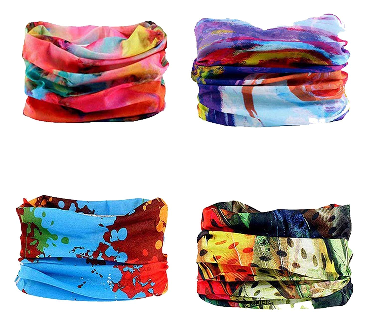 VT VIRTUE TRADERS Unisex Headwear Headband Head Wrap UV Resistence Sports Bandana Magic Scarf Face Mask (Assorted Color and Design) (Pack of 4 Pcs)