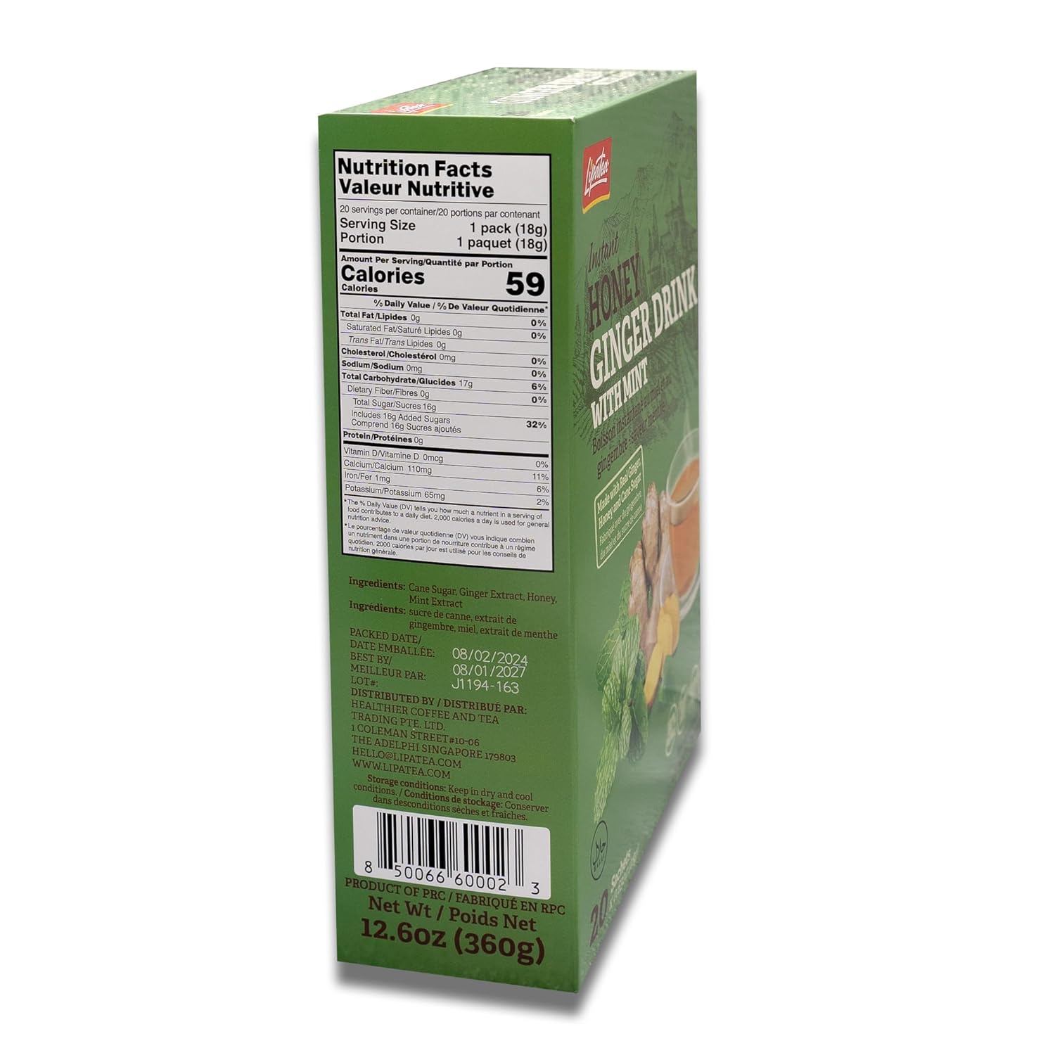 Lipatea Instant Honey Ginger Drink with Mint, Caffeine Free, Gluten Free, Halal - Made with Real Ginger, Honey & Cane Sugar, Min Tea (Pack of 2)