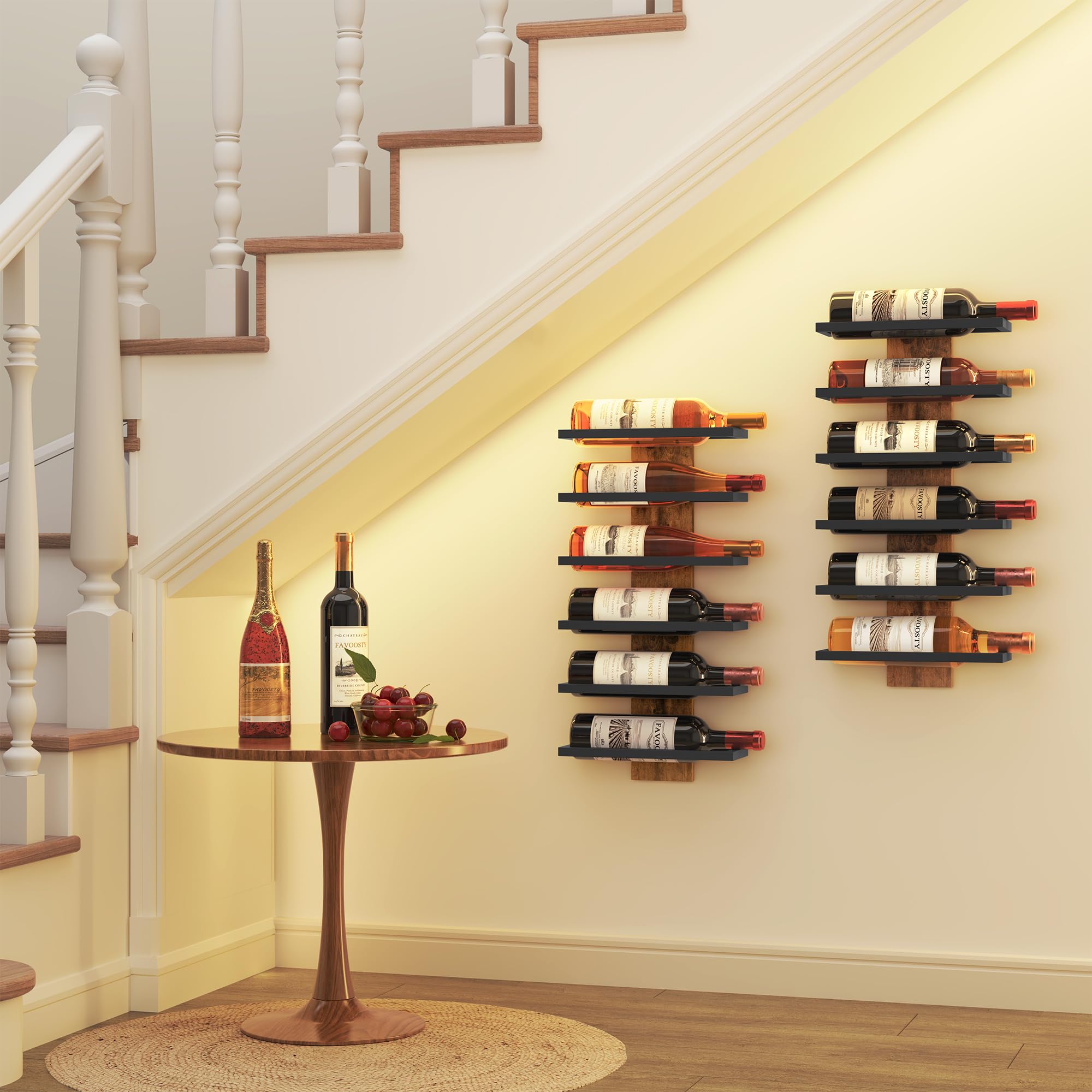FAVOOSTY Étagère à vin Murale, Porte-Bouteilles, étagère à Bouteilles à 6 Niveaux, en métal, étagère à vin pour Salle à Manger, Chambre à Coucher, Cave à vin-Noire