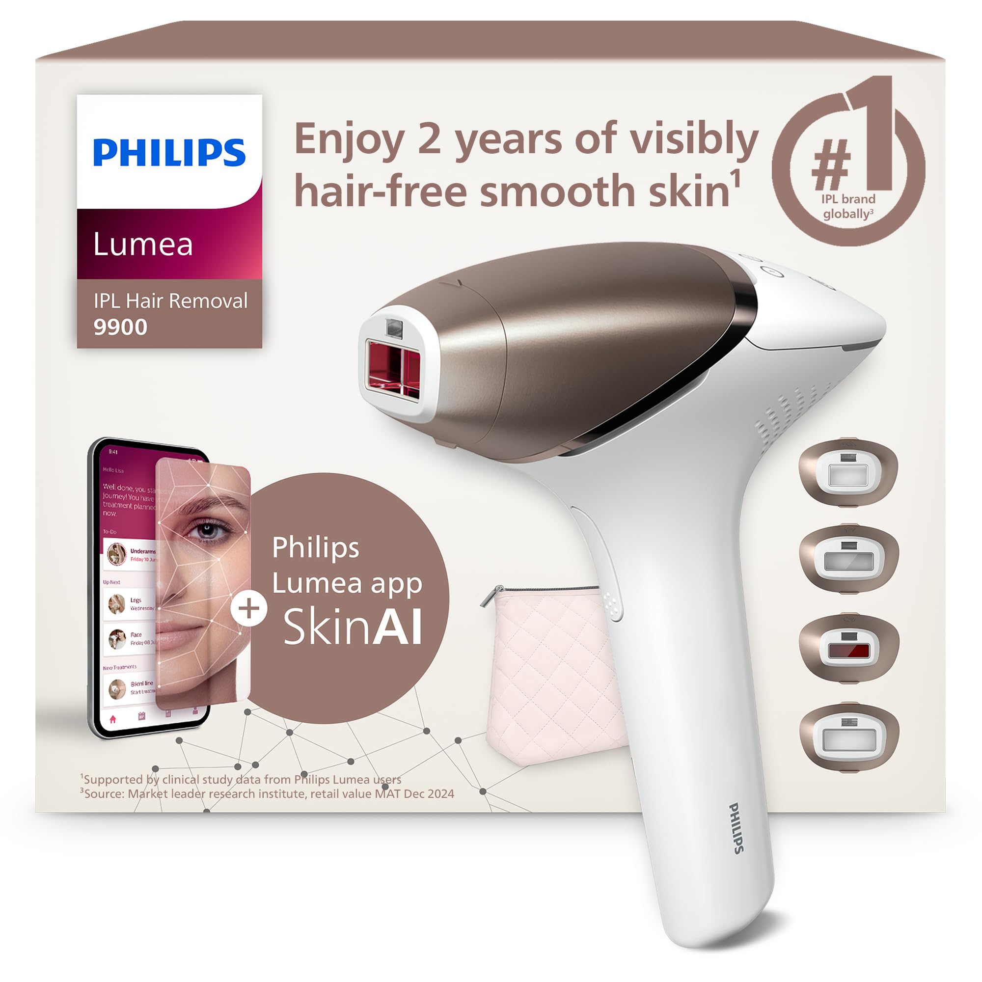 Philips Lumea 9900 Series IPL Hair Removal, SenseIQ & SkinAI Technology, 4 Attachments, White, Women