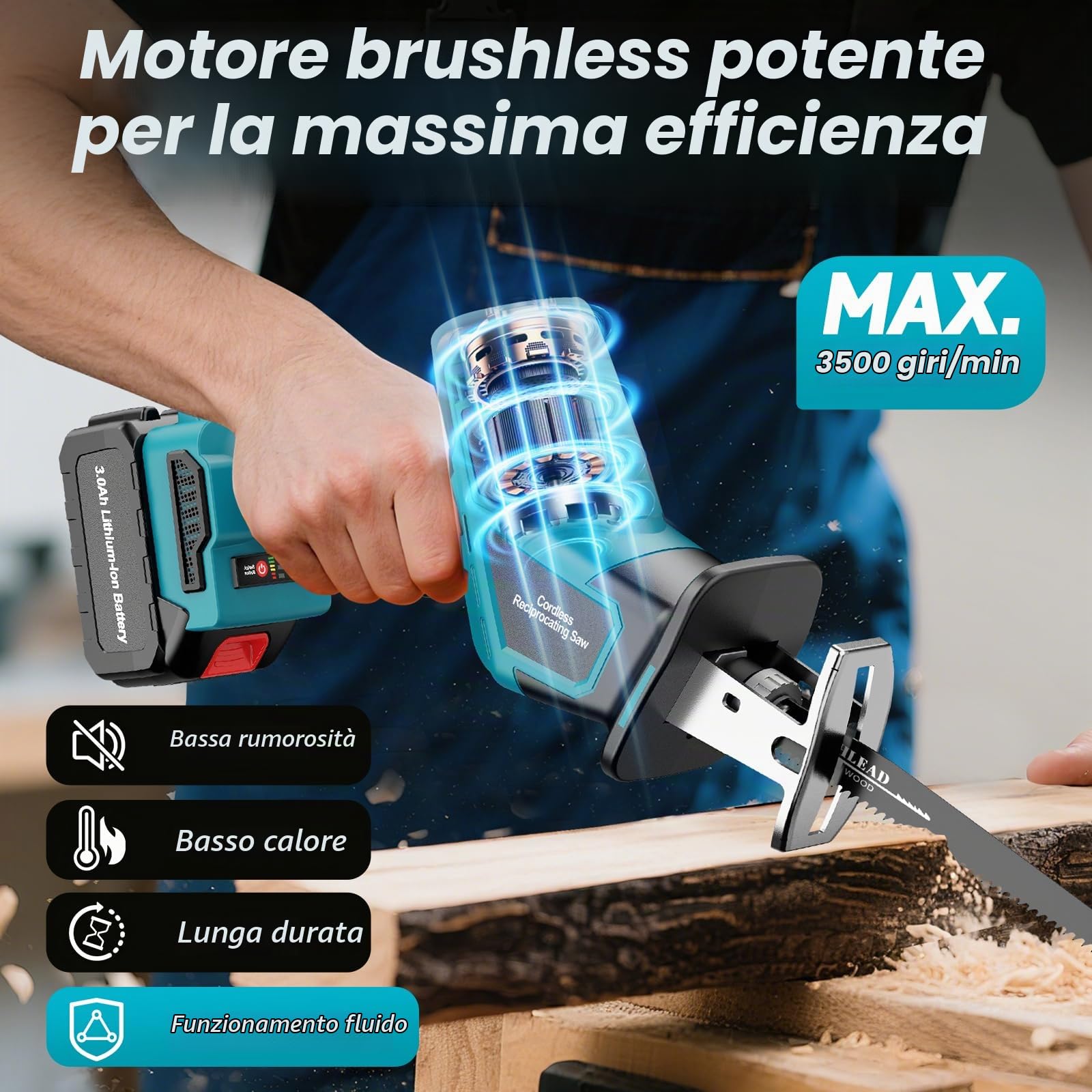 Sega a Gattuccio Compatibile con Maa-kita 21V Batteria, Gattuccio a Batteria Con 2×3.0Ah e 6 Livelli di Velocità Fino a 3500SPM 4 Lame, Gattuccio Elettrico per Legno e Metallo