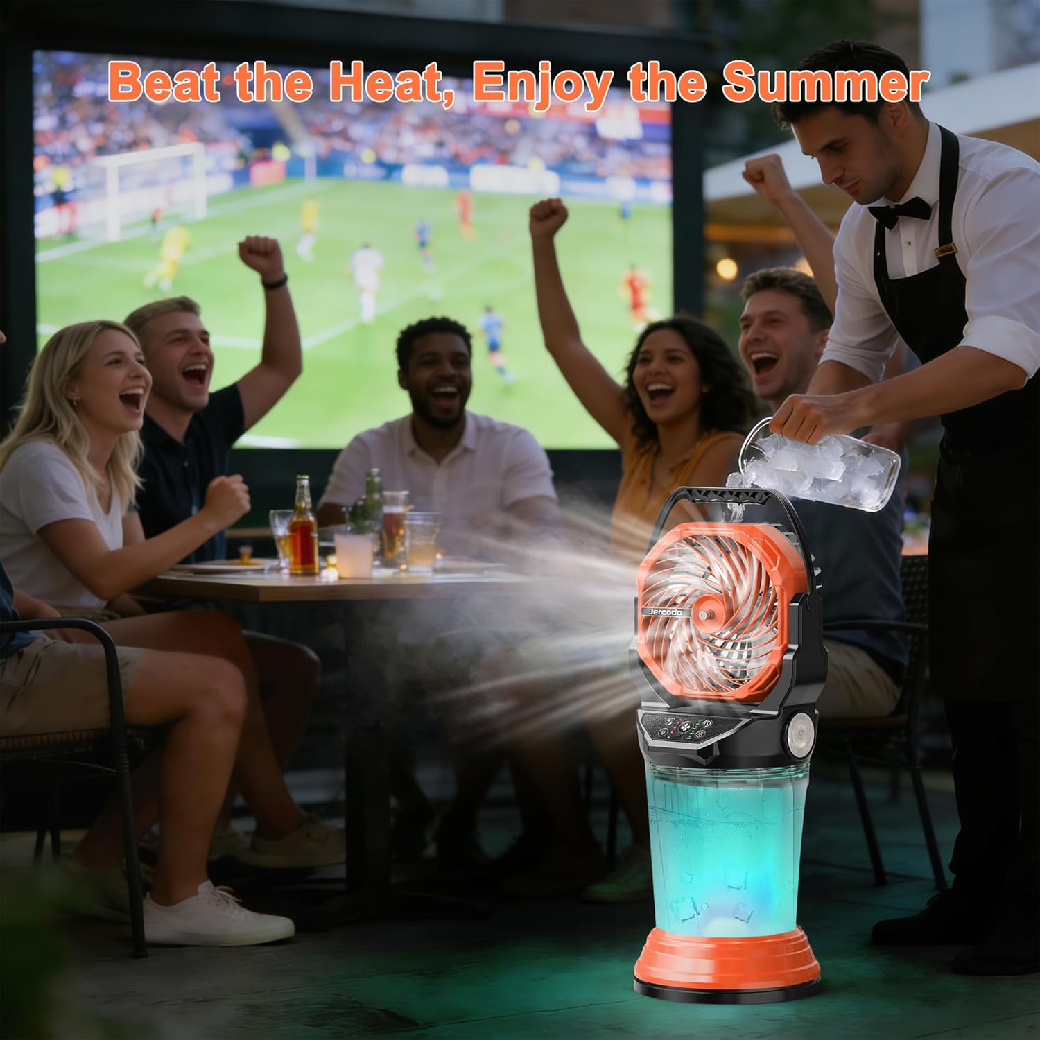 Jercoda Portable Misting Fan Rechargeable Outdoor Camping Mist Fans with 2L Ice Water Tank, 4 Speeds, RGB Light, Timer & Flashlight, Oscillating Cooling Spray Fan for Patio Beach RV Tent BBQ, Orange