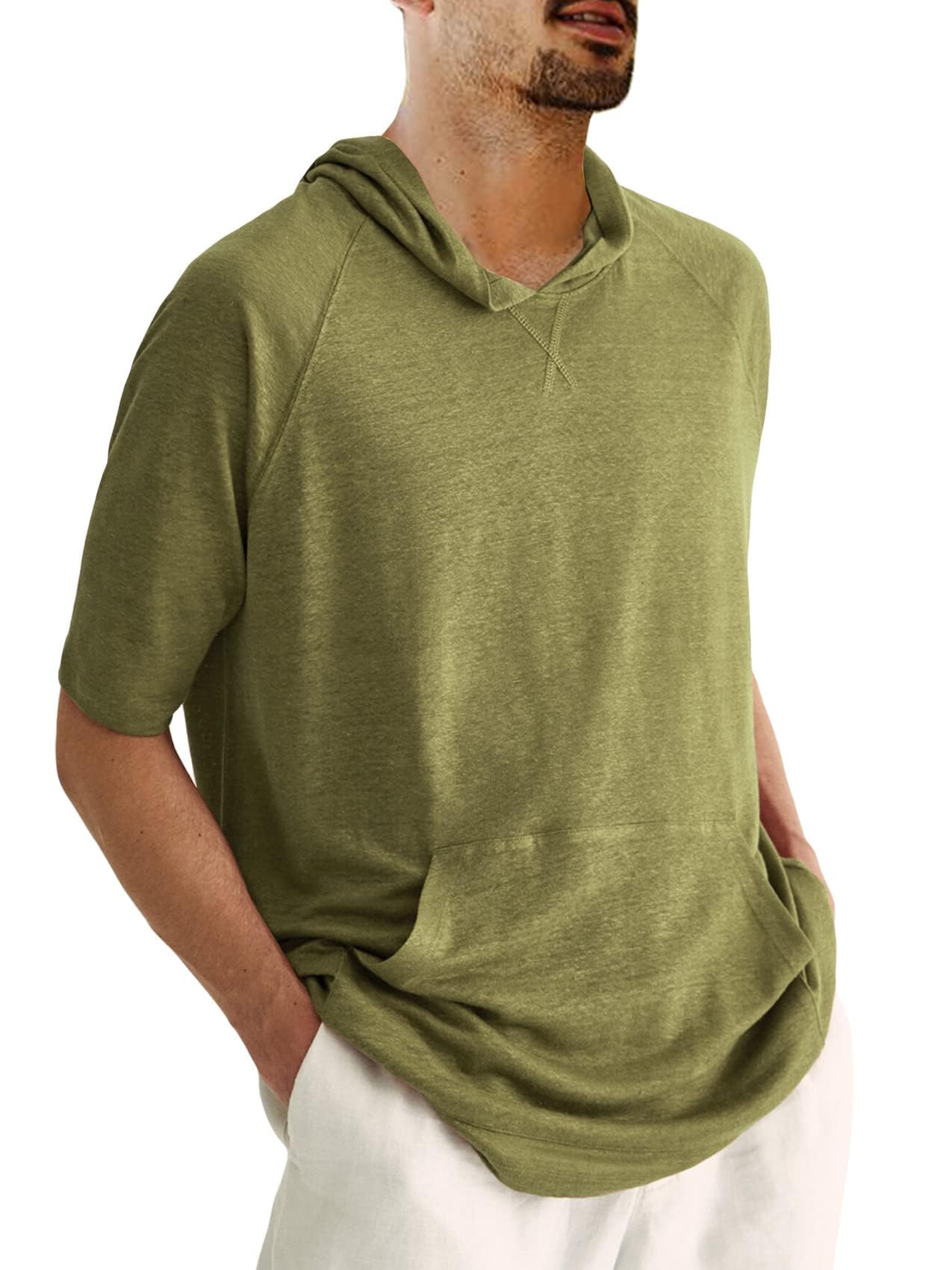 Yasiter Men's Thin Hooded T Shirt Sweatshirts Short Sleeve Cool Solid Color Pullover Hoodies with Kangaroo Pockets