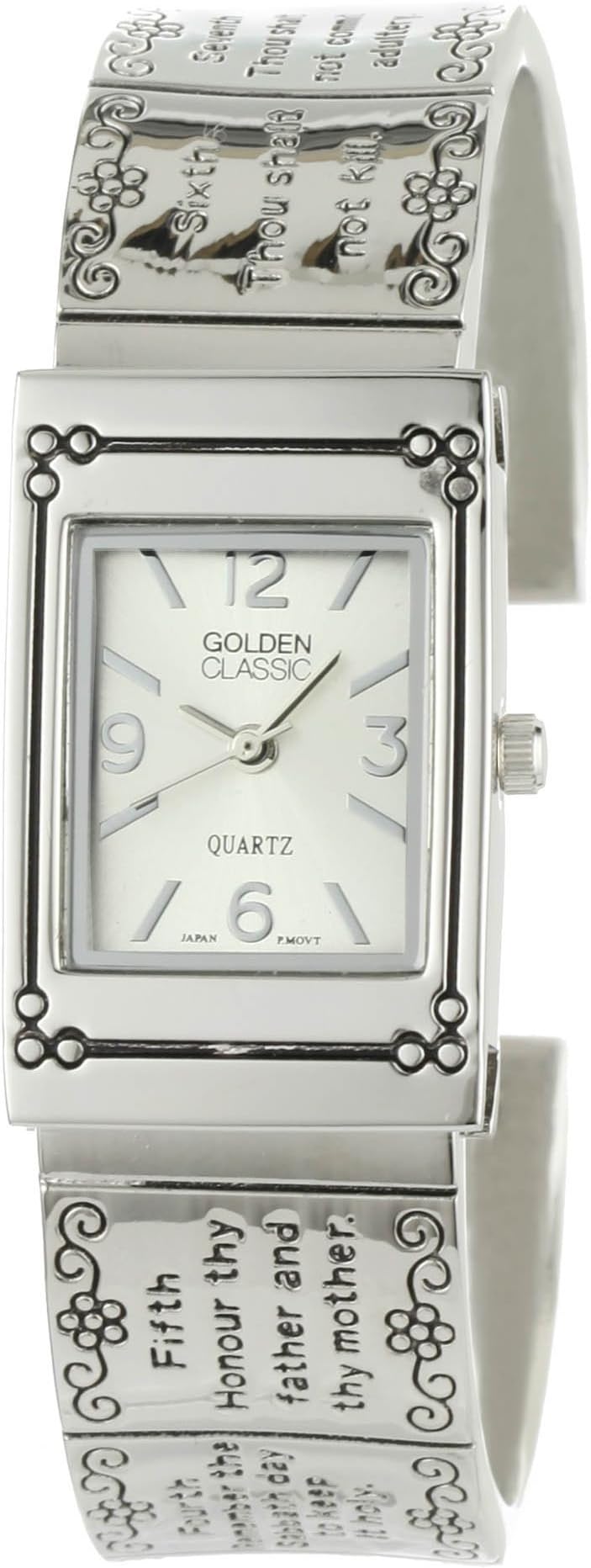 Golden Classic Women's 2236-silver "Inspirational Gem" Ten Commandments Religious Theme Bangle Watch