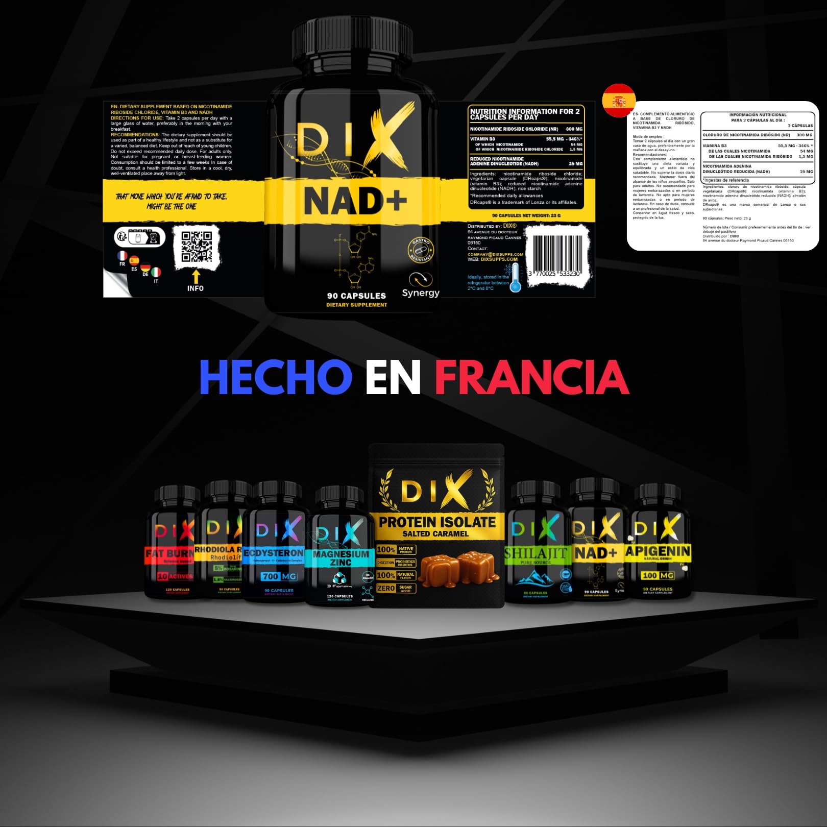 NAD+ ✗ NR + NADH + Vitamina B3 ✗ Cloruro de Nicotinamida Ribósido ✗ Antienvejecimiento ✗ Energía ✗ Acción sinérgica rápida y prolongada ✗ Cápsula vegetal y gastroresistente ✗ Fabricado en Francia