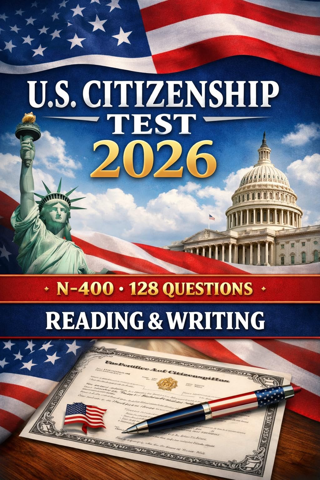 U.S. Citizenship Test 2026 N400, 128 questions, reading and writing.