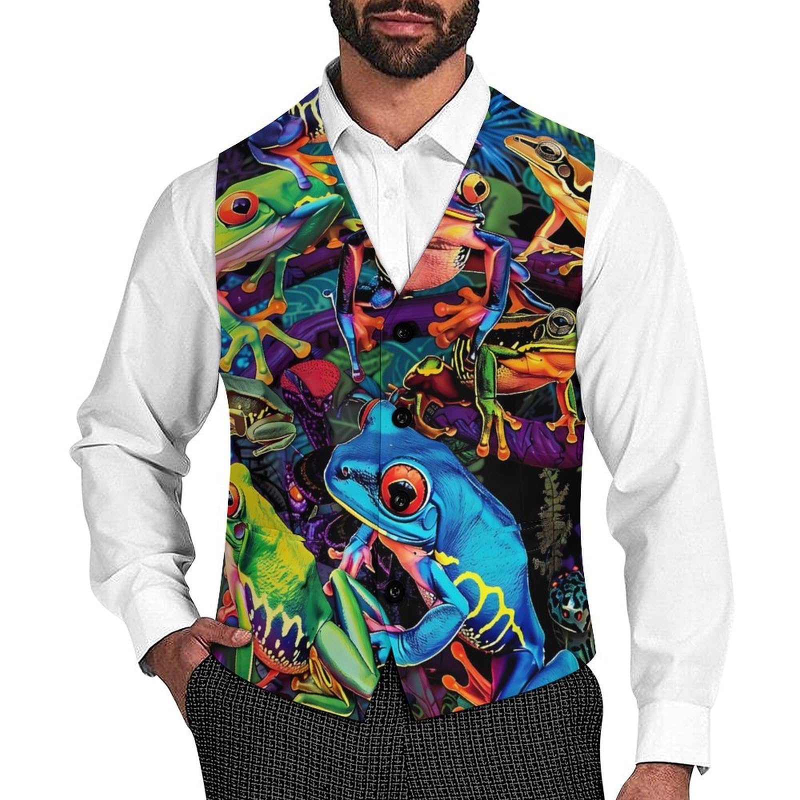 Jiufotk Unisex As Pic Frog Colored Mens Vest Formal Waistcoat Tuxedo With Pocket Suit Vests For Wedding Party