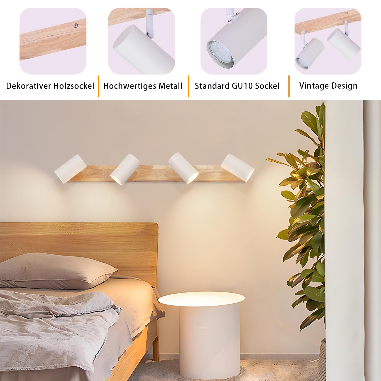 Glitzerlife Lampa Sufitowa 4 Płomień Światło Sufitowe Drewno Sufitowa | Przedpokój Biały Metal Nowoczesne Gniazdo Obrotowy Spot Sufitowy 350° Salonu Sypialnia Kuchnia z 6x 4.8 W GU10 żarówki