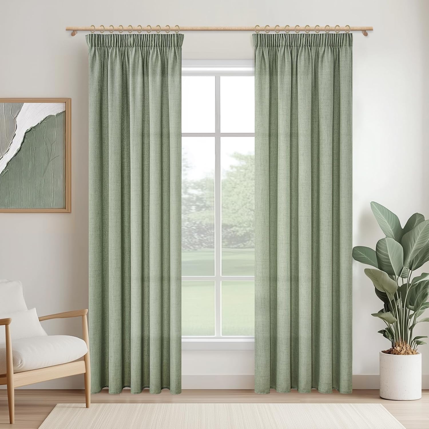 MRTREES Curtains with Ruffle Tape Linen Look Semi-Transparent Sage Green for Living Room Set of 2 Curtains Bedroom 225 cm Long 140 cm Wide Linen Window Children's Room
