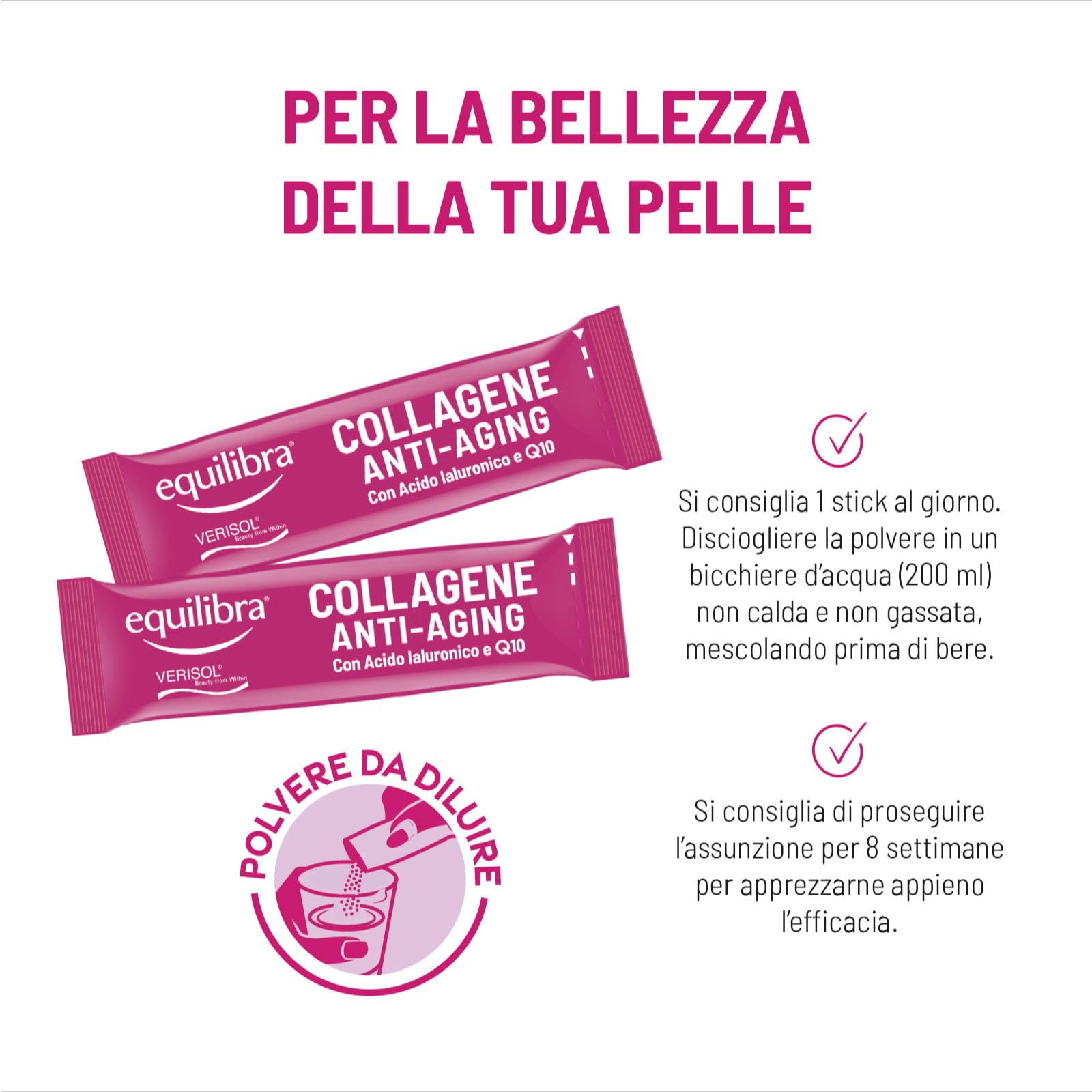 Equilibra Collagene Anti-Aging Integratore Alimentare in Polvere con Acido Ialuronico e Coenzima Q10 Anti Rughe per Elasticità e Tono della Pelle Senza Glutine - 42 Stick Monodose