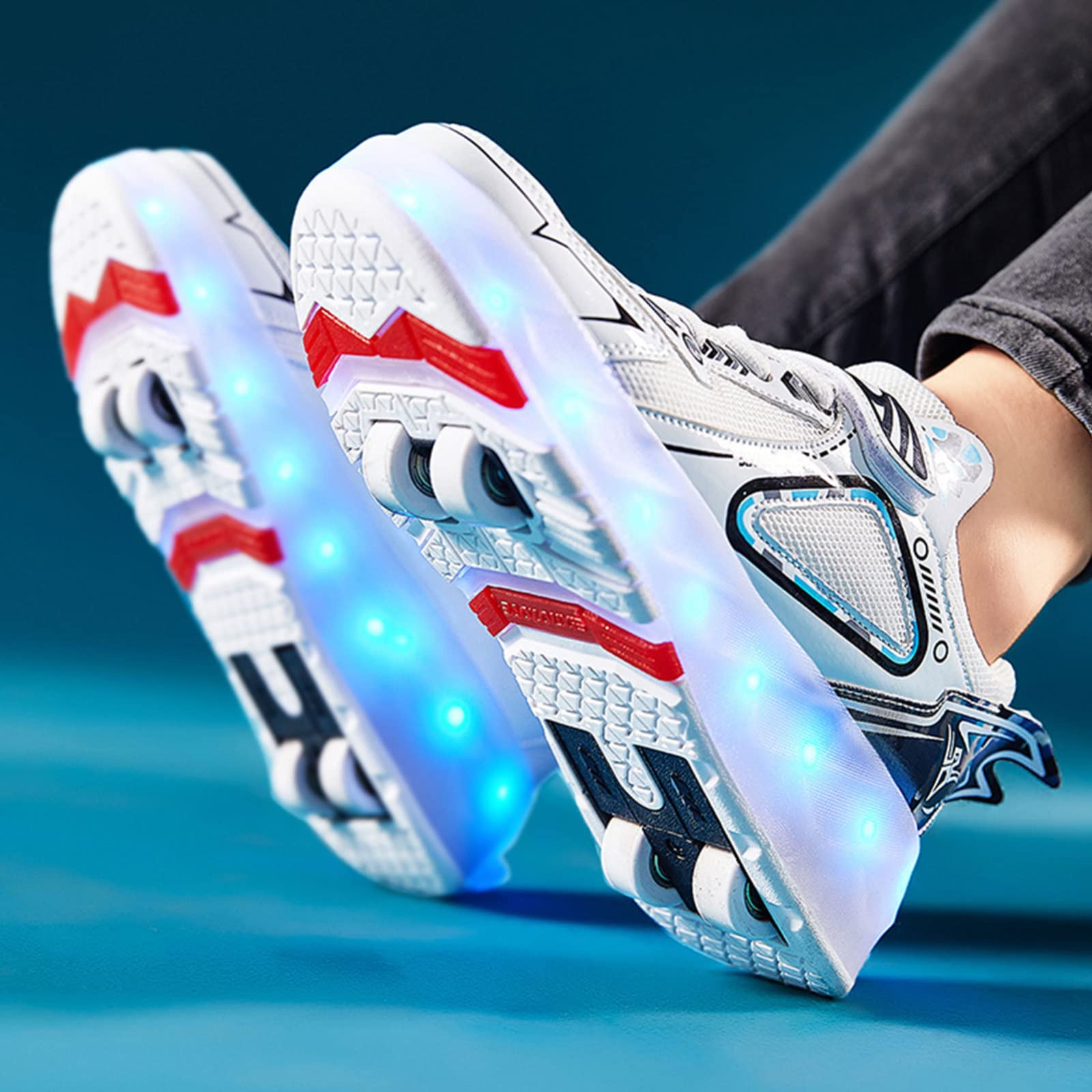 Unisex dziecięce LED buty łyżworolki z dwurzędowym kółkiem świecące buty na kółkach prezent dla dziewcząt chłopców, świecące techniczne trampki do jazdy na deskorolce z ładowaniem USB, białe-5,5 UK